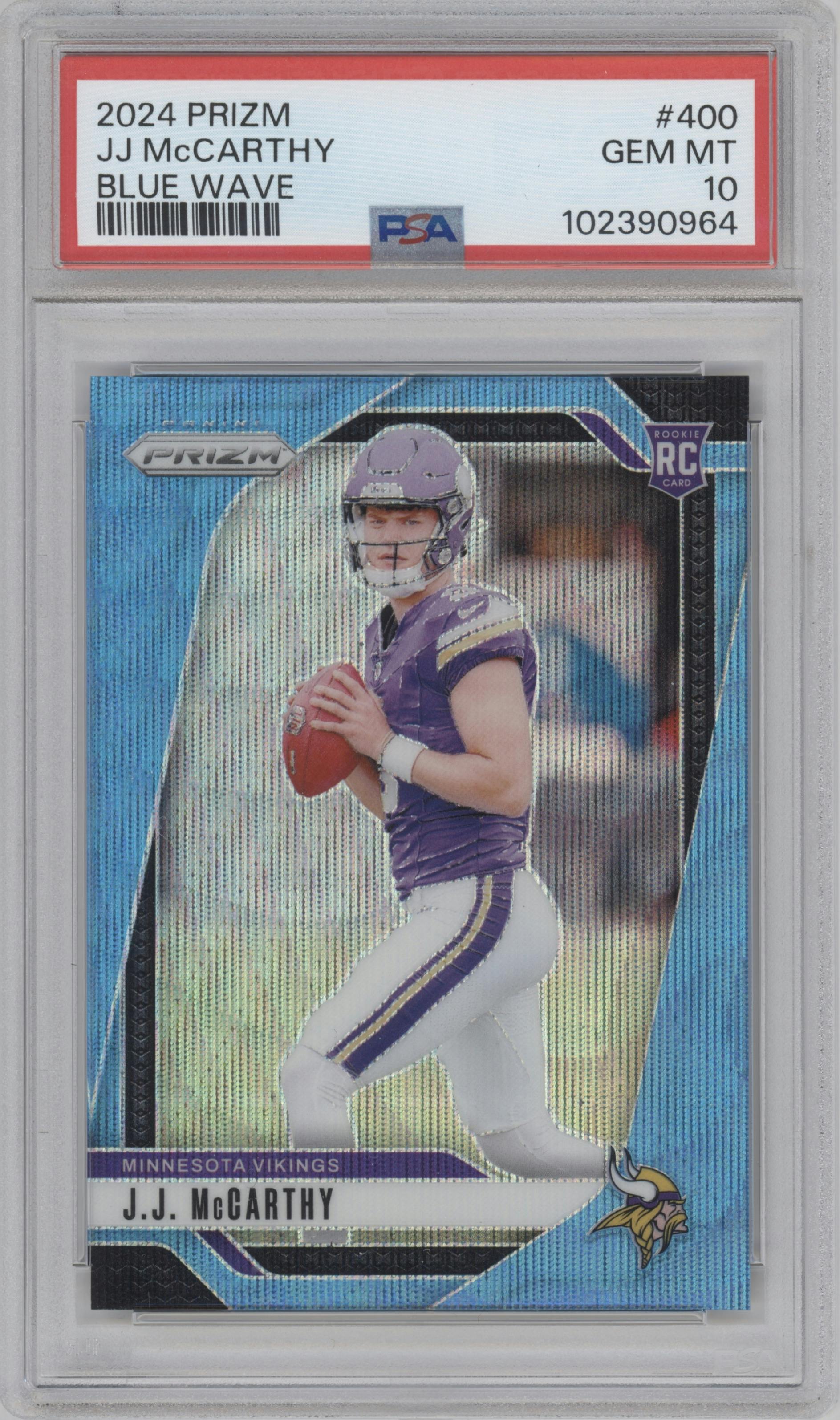 J.J. McCarthy from the 2024 Panini Prizm set featuring a Blue Wave Prizm parallel graded by PSA and given an overall grade of 10.