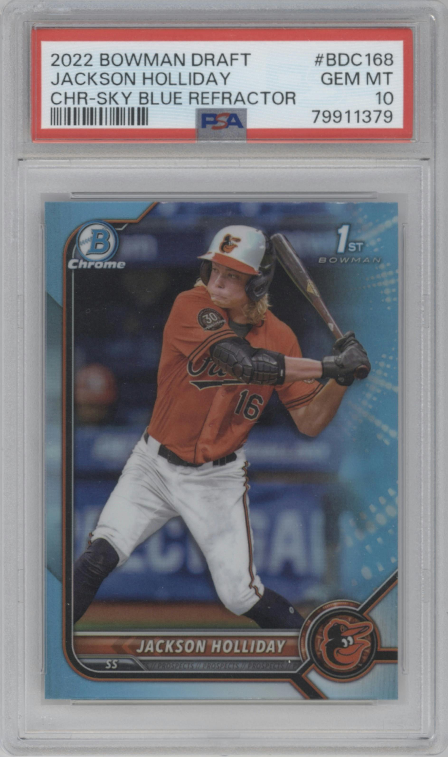 Jackson Holliday from the 2022 Bowman Draft set featuring a Sky Blue Refractor parallel graded by PSA and given an overall grade of 10.