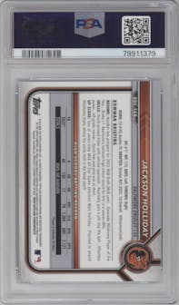Jackson Holliday from the 2022 Bowman Draft set featuring a Sky Blue Refractor parallel graded by PSA and given an overall grade of 10.