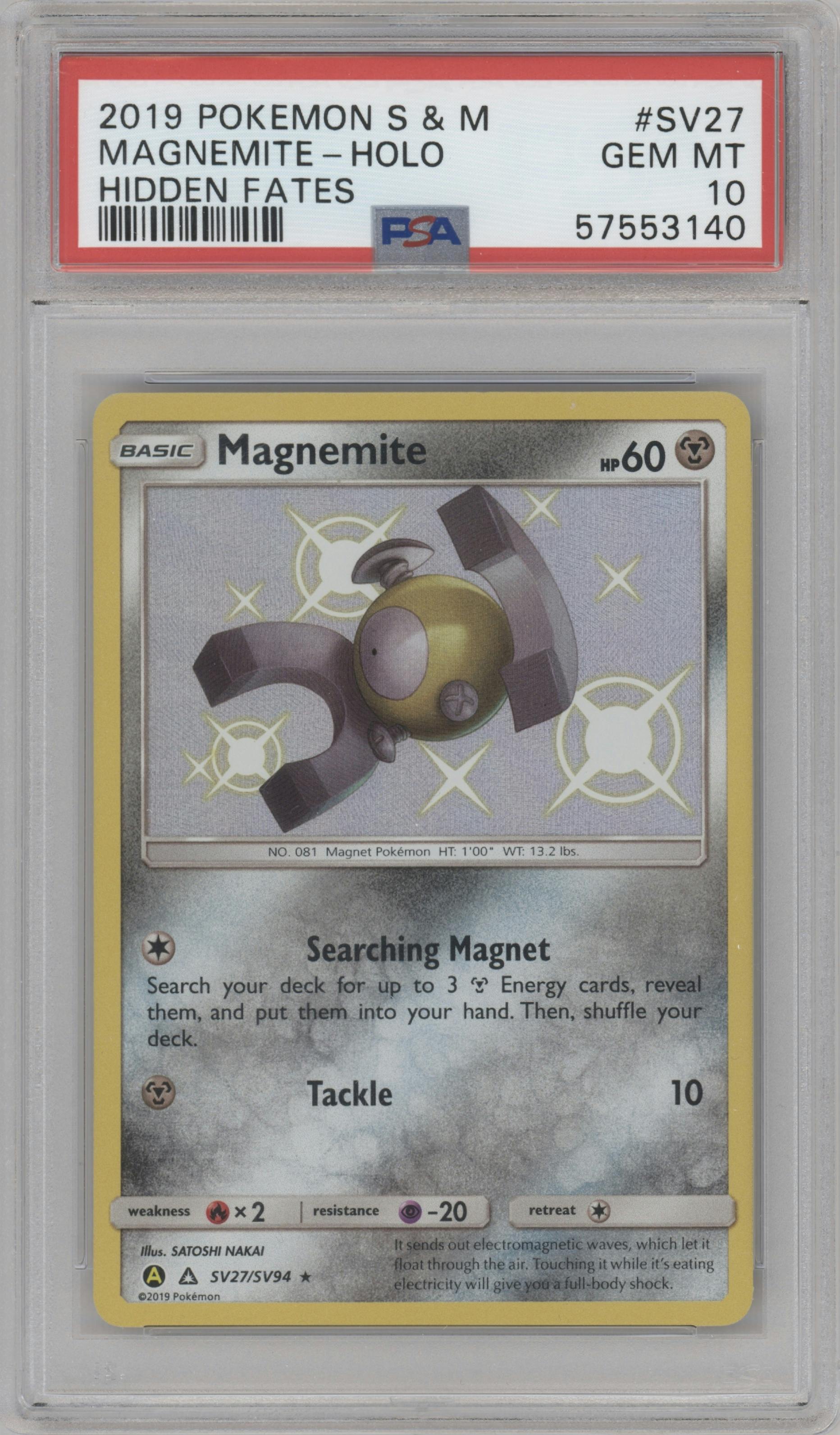Magnemite from the 2019 Pokemon S&M  set graded by PSA and given an overall grade of 10.
