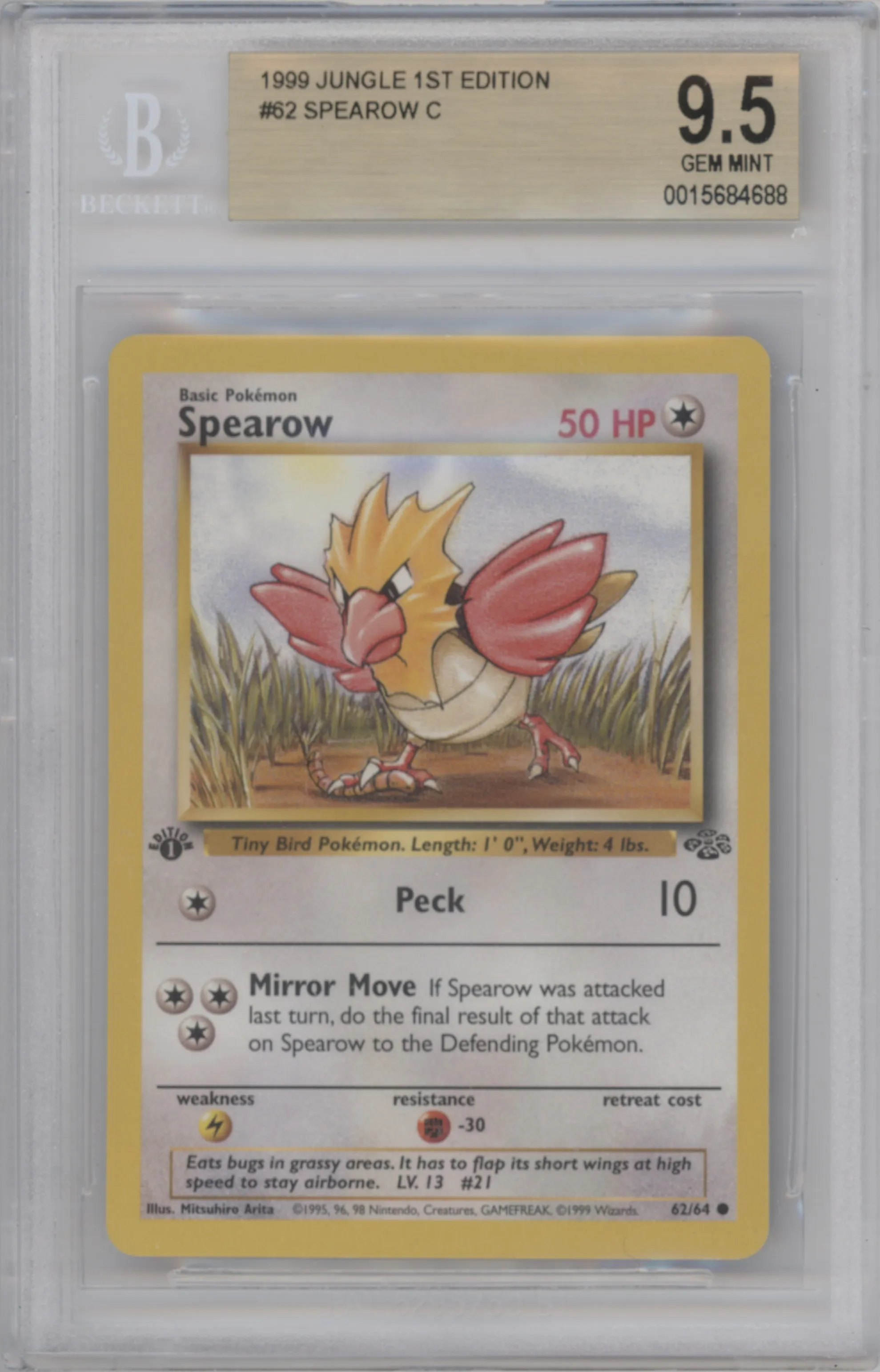 Spearow from the 1999 Pokemon set graded by Beckett and given an overall grade of 9.5.