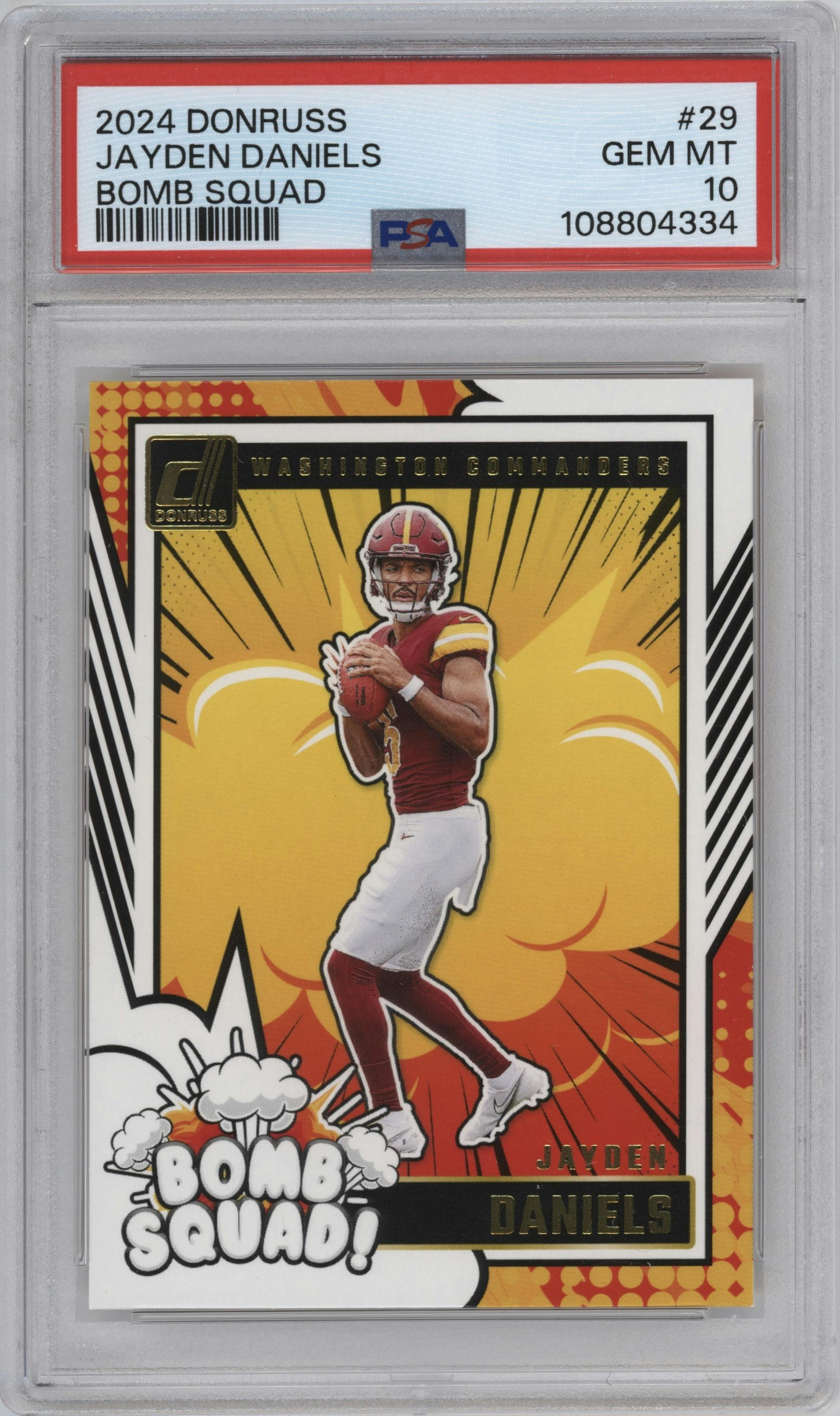 Jayden Daniels from the 2024 Donruss set graded by PSA and given an overall grade of 10.
