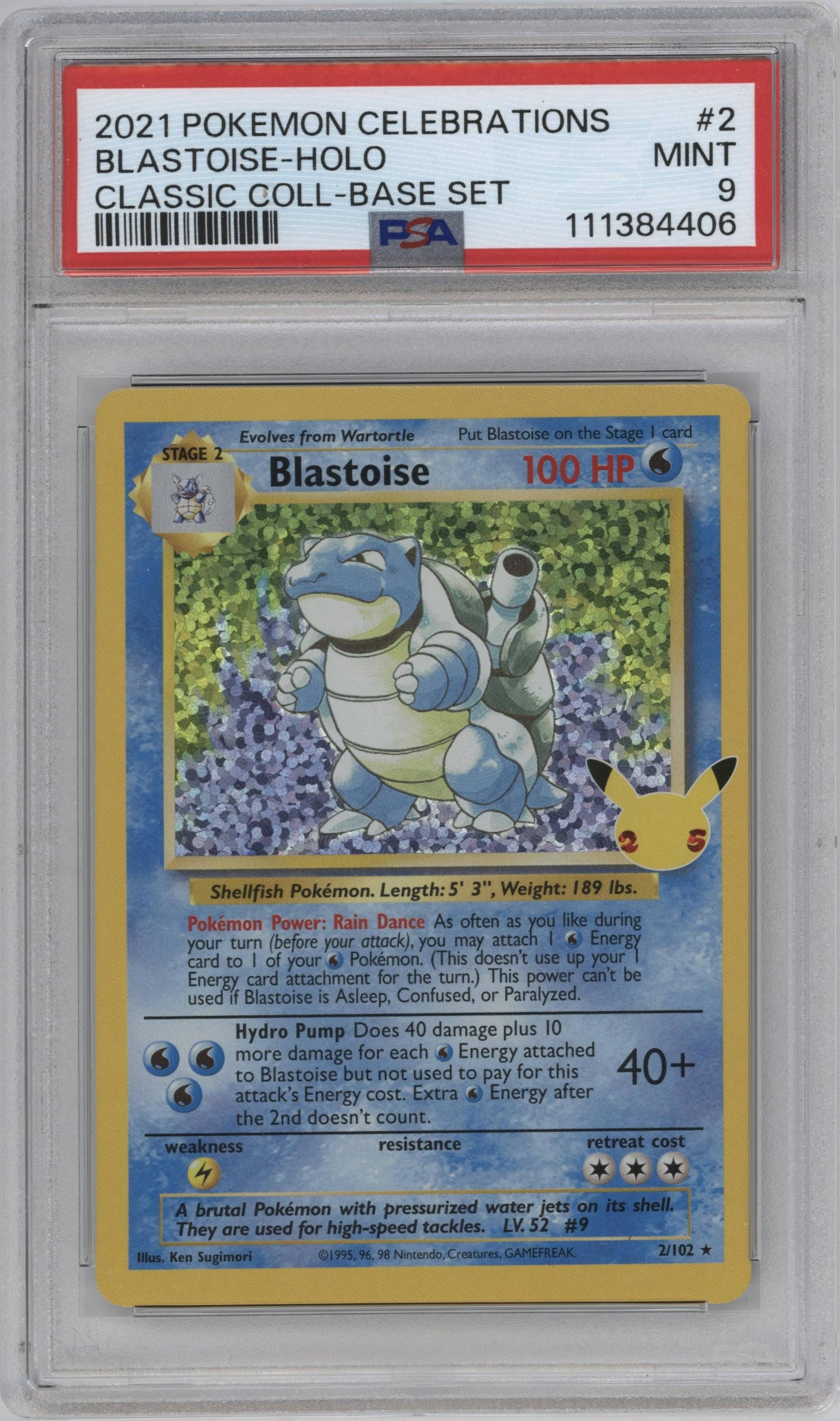 Blastoise from the 2021 Pokemon SWSH set featuring a Base Set parallel graded by PSA and given an overall grade of 9.