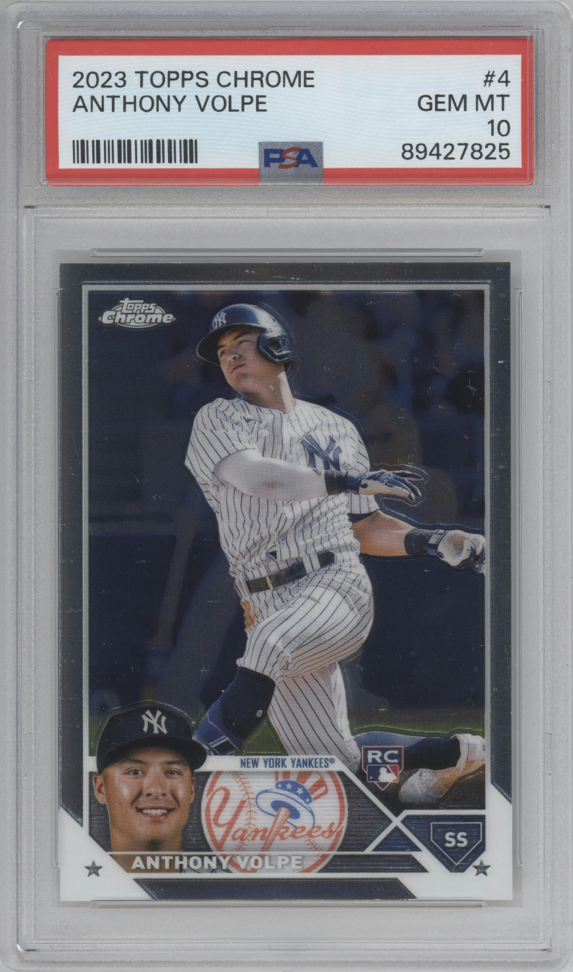 Anthony Volpe from the 2023 Topps Chrome set graded by PSA and given an overall grade of 10.