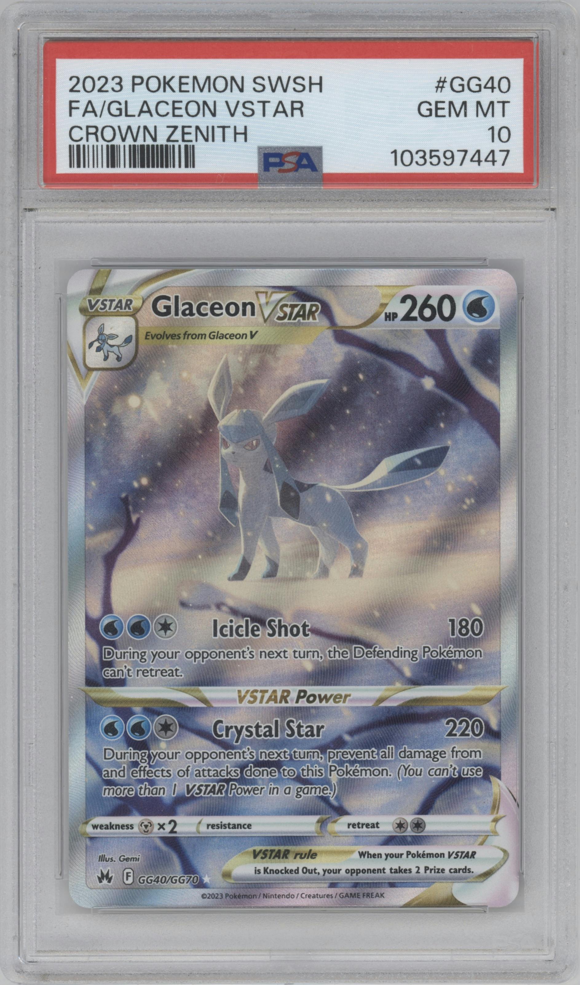 Glaceon Vstar from the 2023 Pokemon SWSH set graded by PSA and given an overall grade of 10.