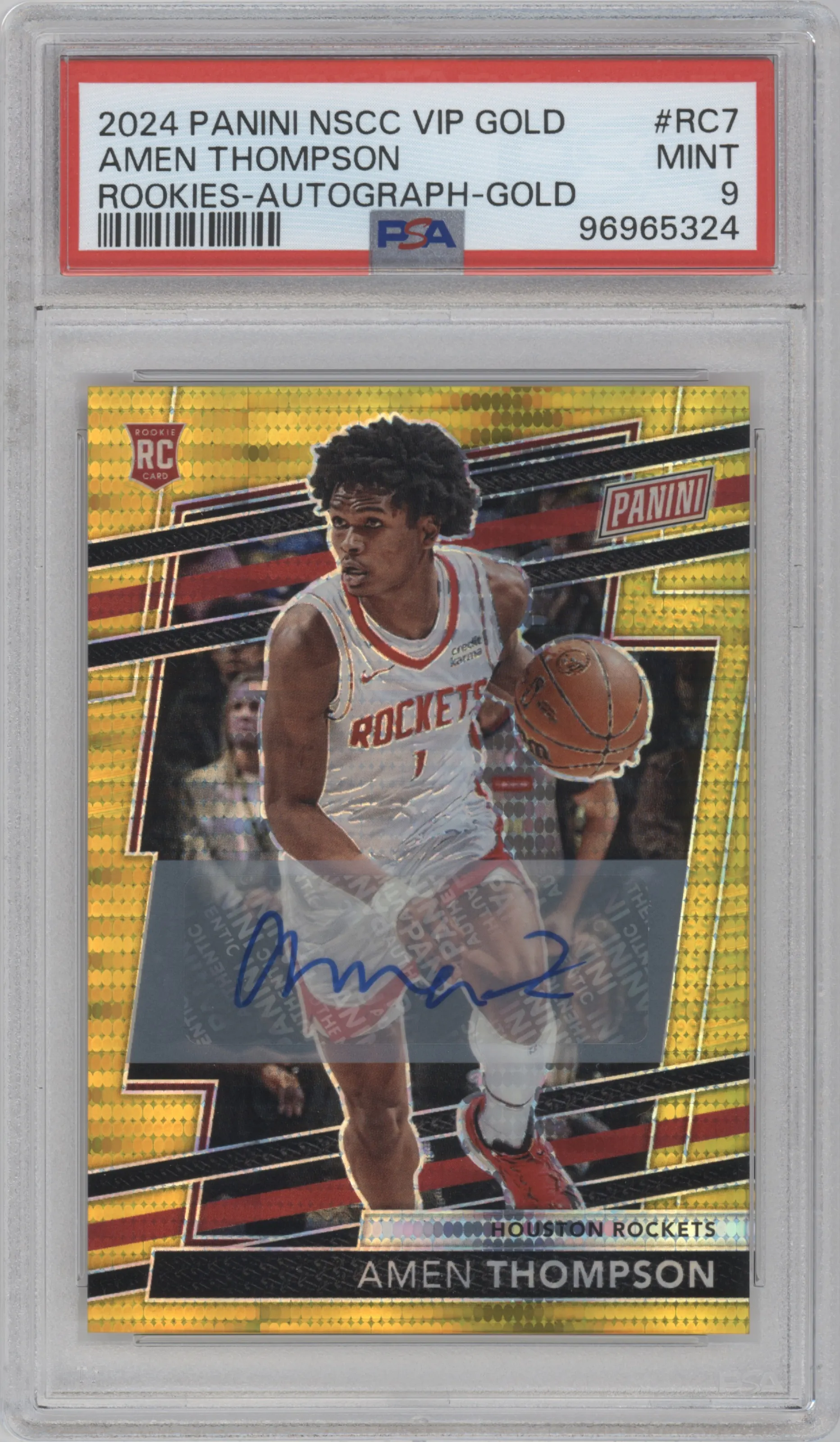 Amen Thompson from the 2024 Panini The National VIP set featuring a Gold parallel graded by PSA and given an overall grade of 9.