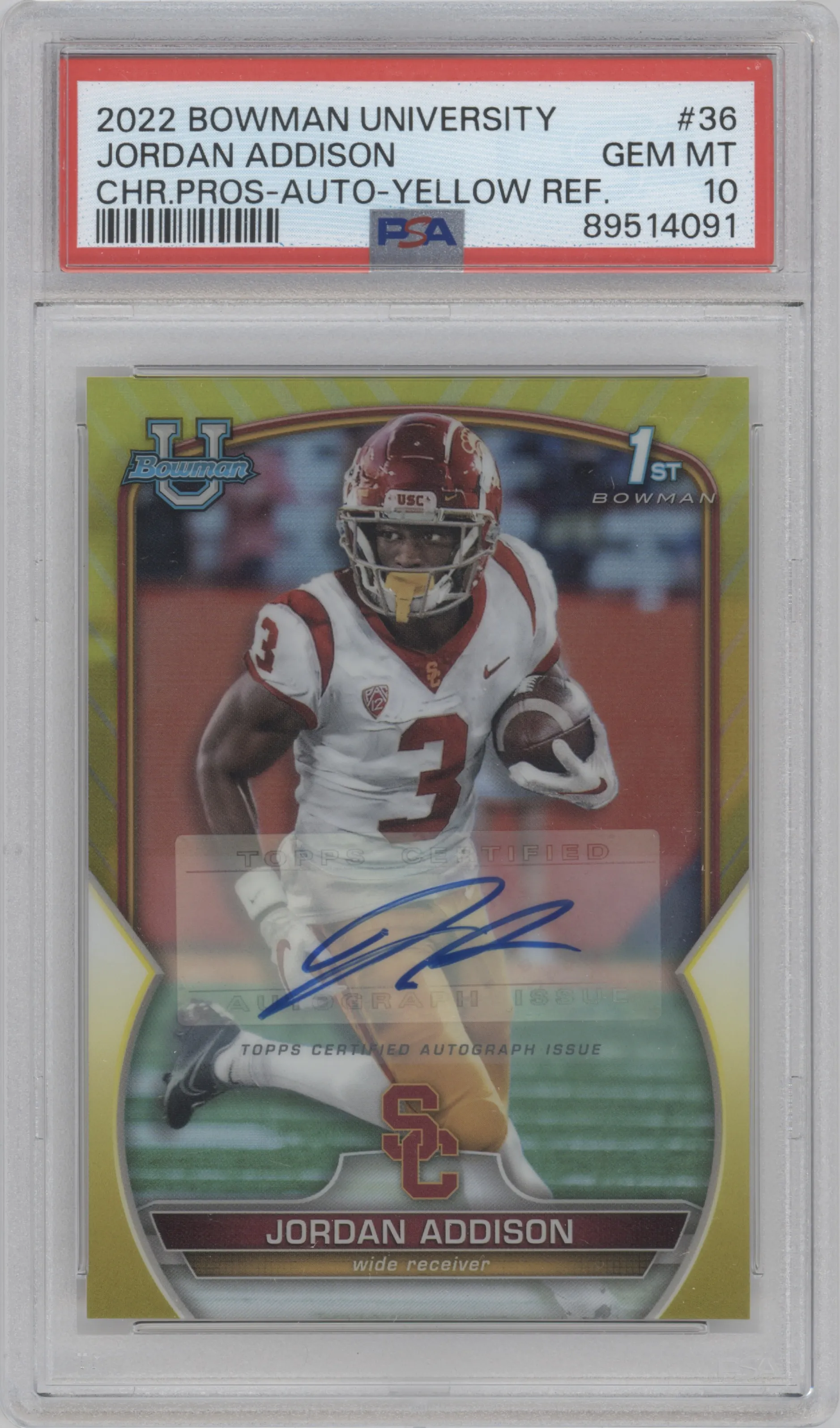 Jordan Addison from the 2022 Bowman University Chrome set featuring a Yellow Refractor parallel graded by PSA and given an overall grade of 10.