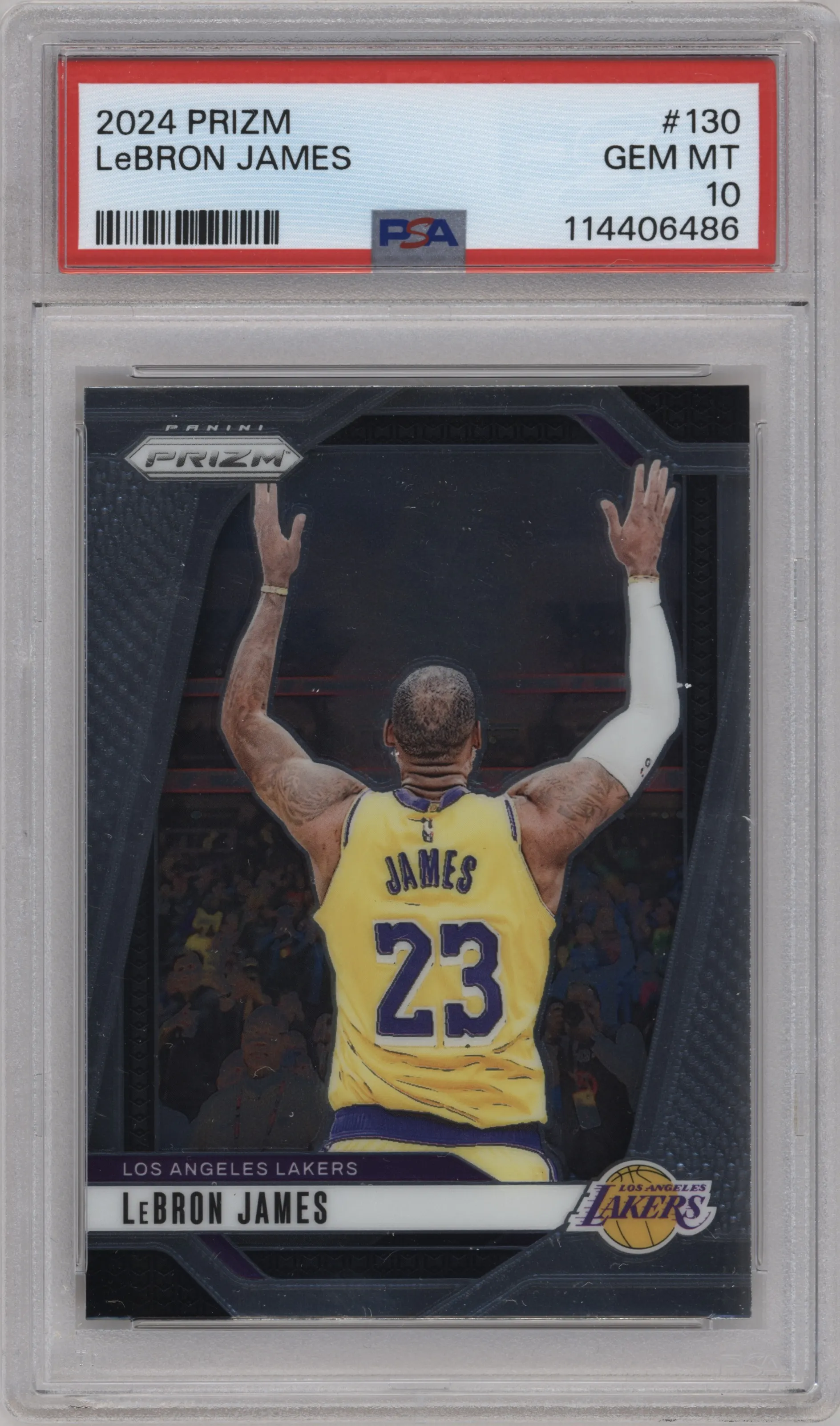 LeBron James from the 2024-25 Panini Prizm set graded by PSA and given an overall grade of 10.