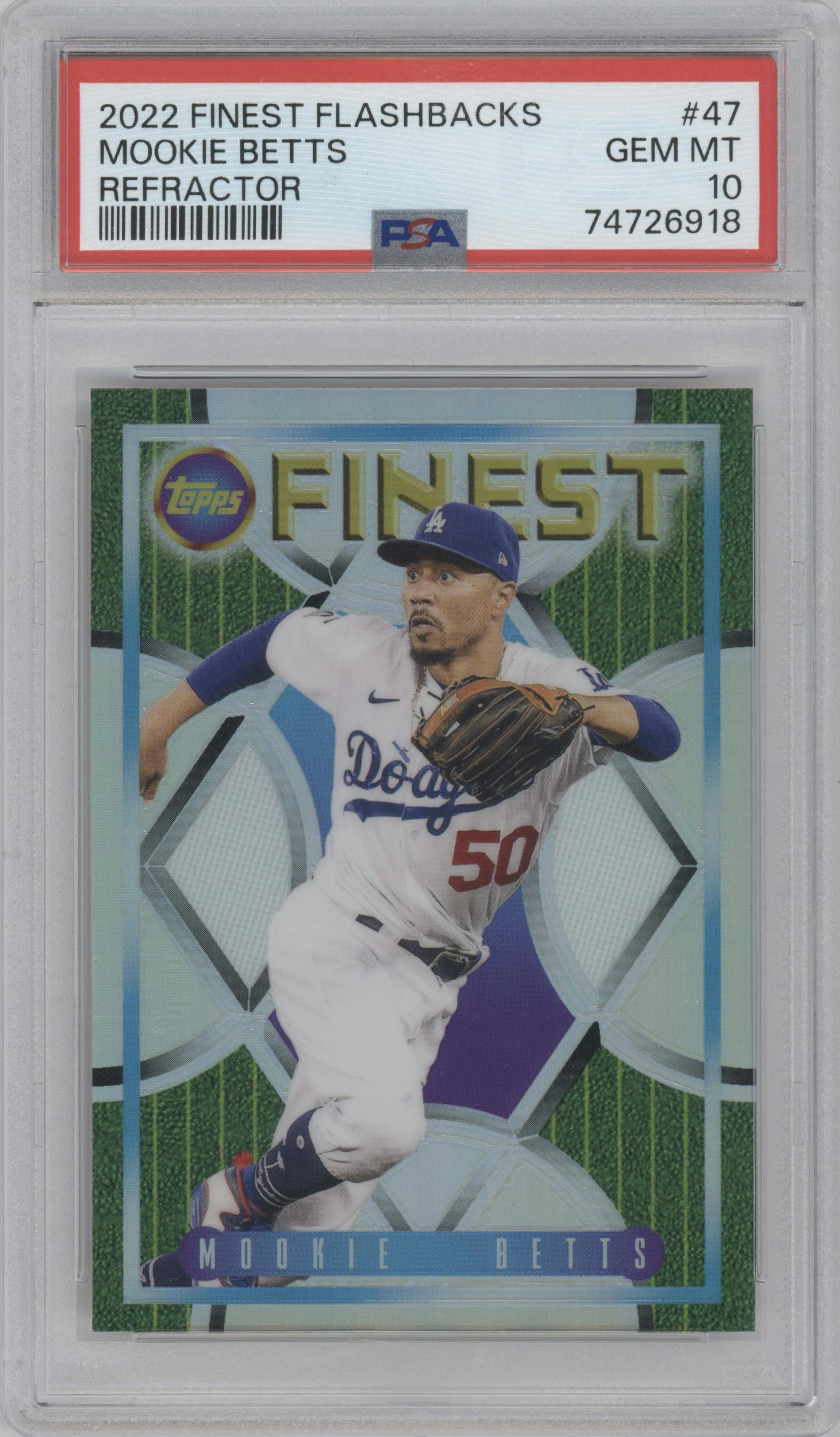 Mookie Betts from the 2022 Topps Finest Flashback set featuring a Refractor parallel graded by PSA and given an overall grade of 10.