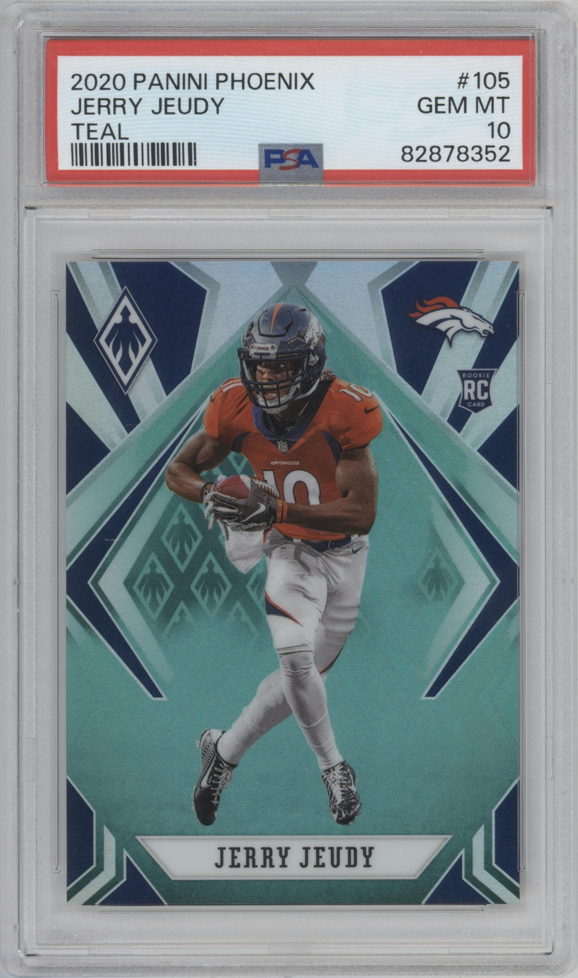 Jerry Jeudy from the 2020 Panini Phoenix set featuring a Teal parallel graded by PSA and given an overall grade of 10.