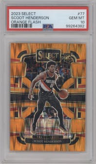 Scoot Henderson from the 2023-24 Panini Select  set featuring a Orange Flash parallel graded by PSA and given an overall grade of 10.