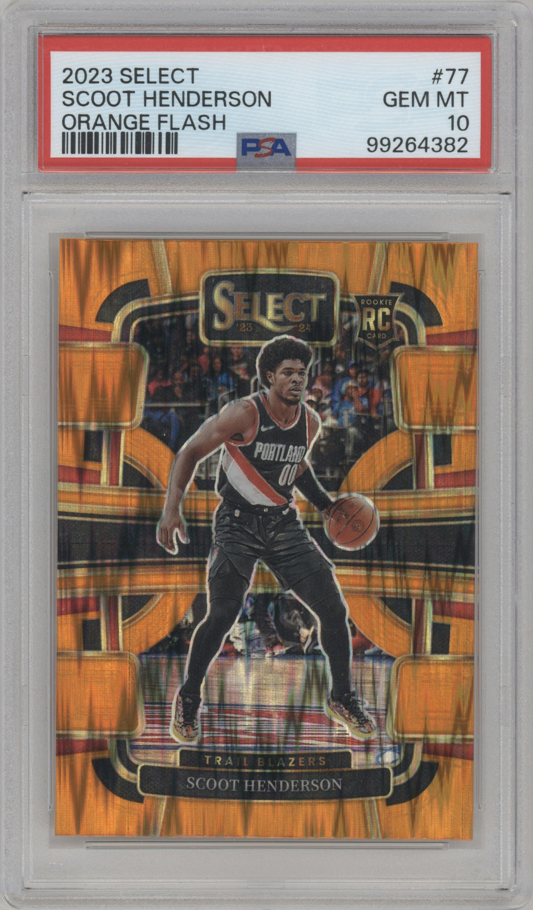 Scoot Henderson from the 2023-24 Panini Select  set featuring a Orange Flash parallel graded by PSA and given an overall grade of 10.