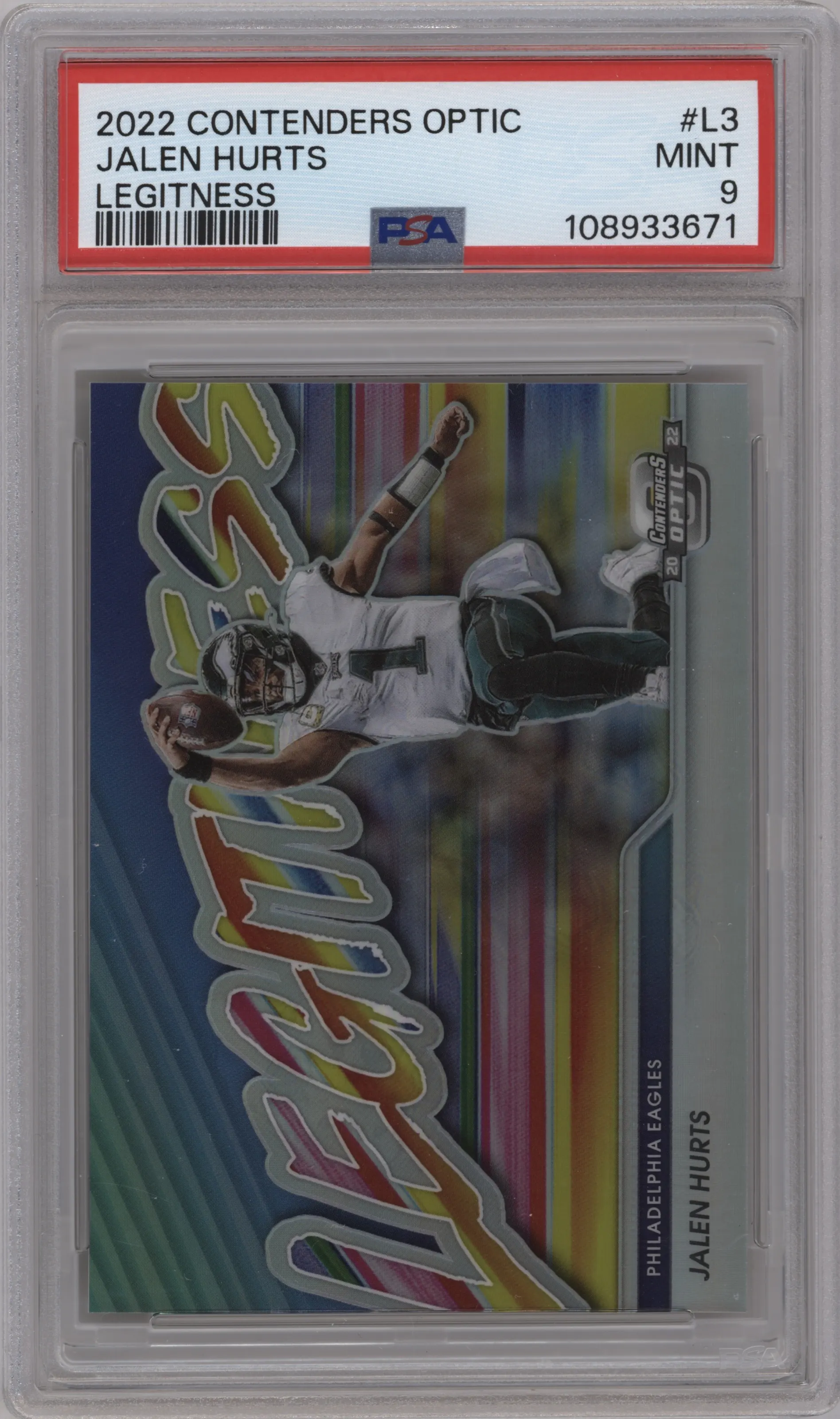 Jalen Hurts from the 2022 Panini Contenders Optic set graded by PSA and given an overall grade of 9.