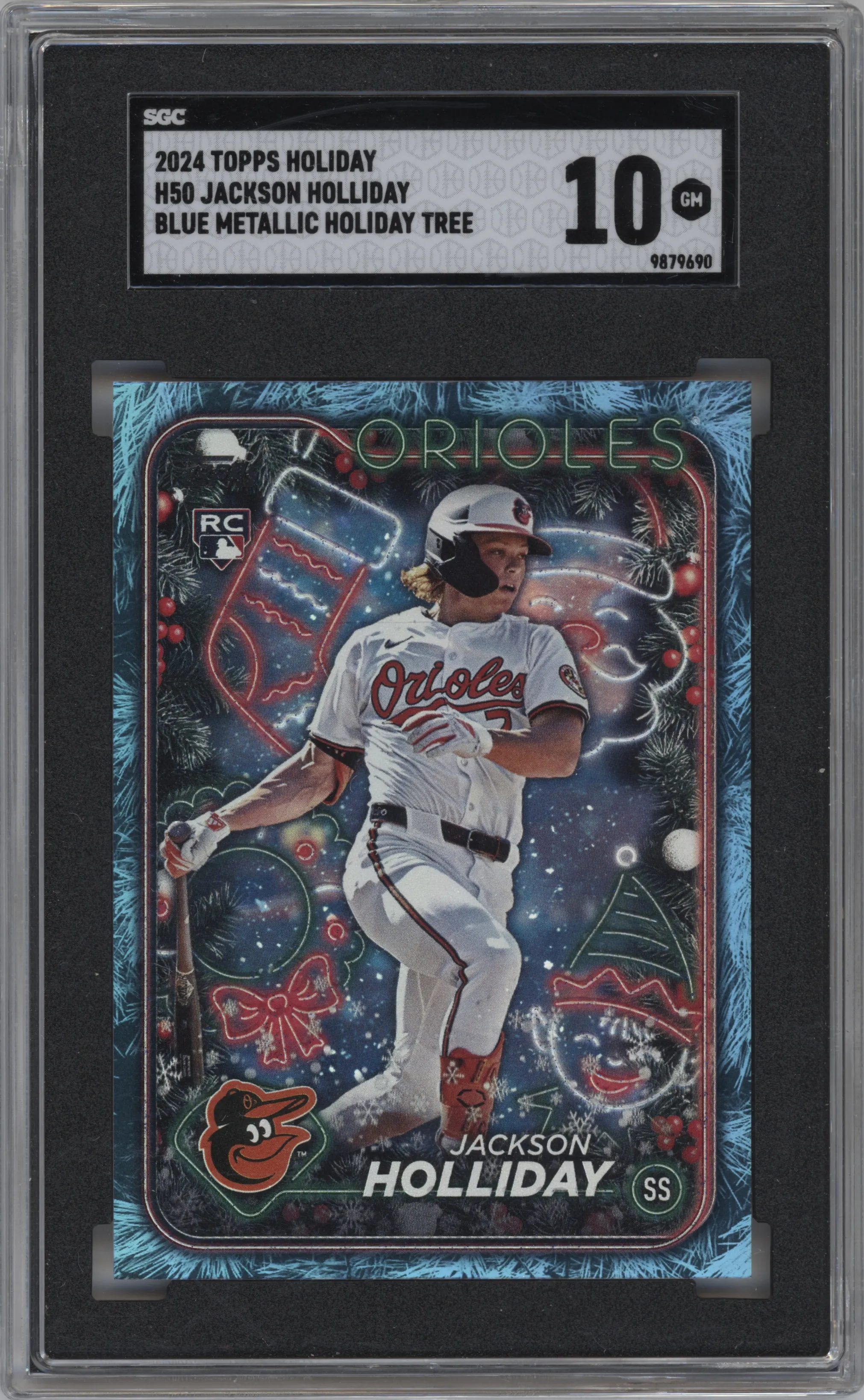 Jackson Holliday from the 2024 Topps Holiday set featuring a Blue Metallic Holiday Tree parallel graded by SGC and given an overall grade of 10.