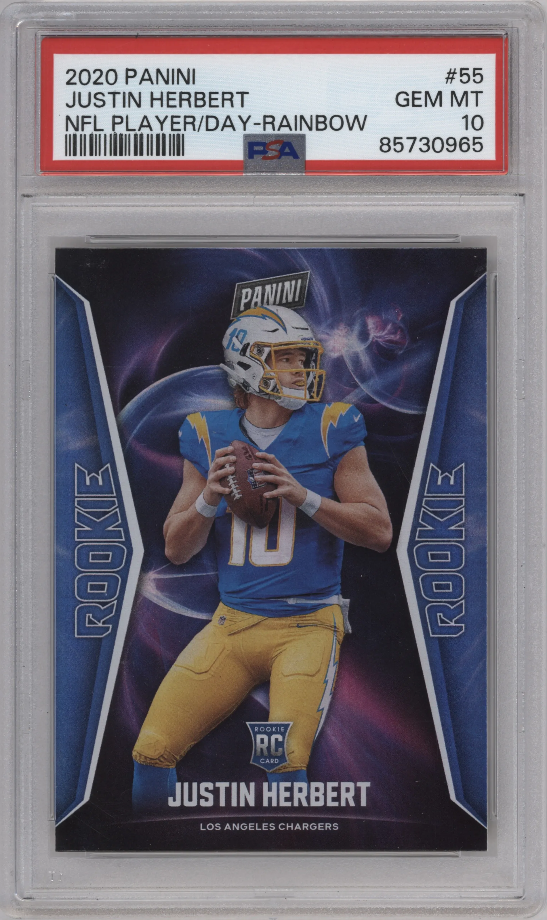 Justin Herbert from the 2020 Panini Player of the Day set featuring a Rainbow parallel graded by PSA and given an overall grade of 10.