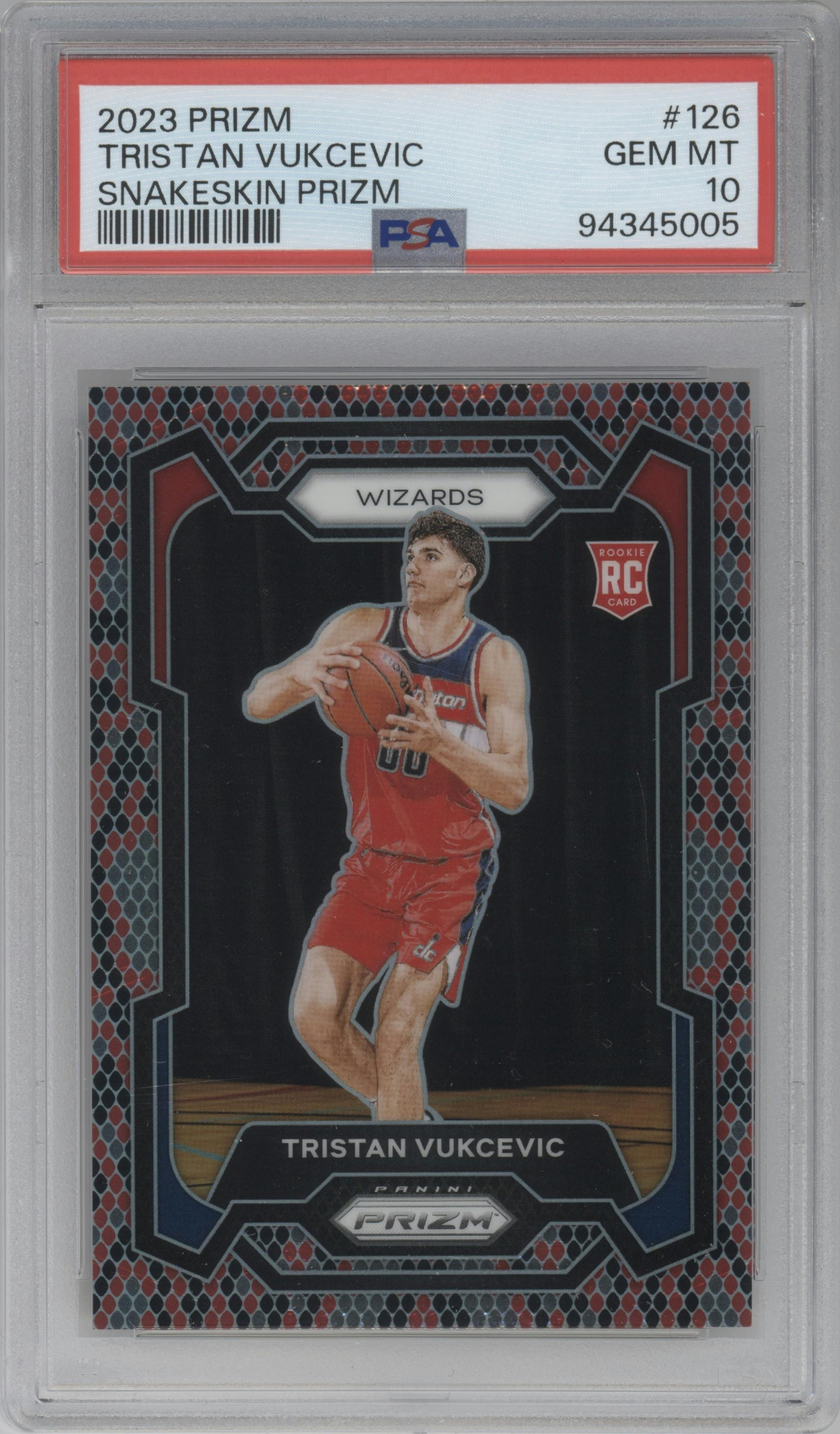 Tristan Vukcevic from the 2023-24 Panini Prizm set featuring a Snakeskin parallel graded by PSA and given an overall grade of 10.