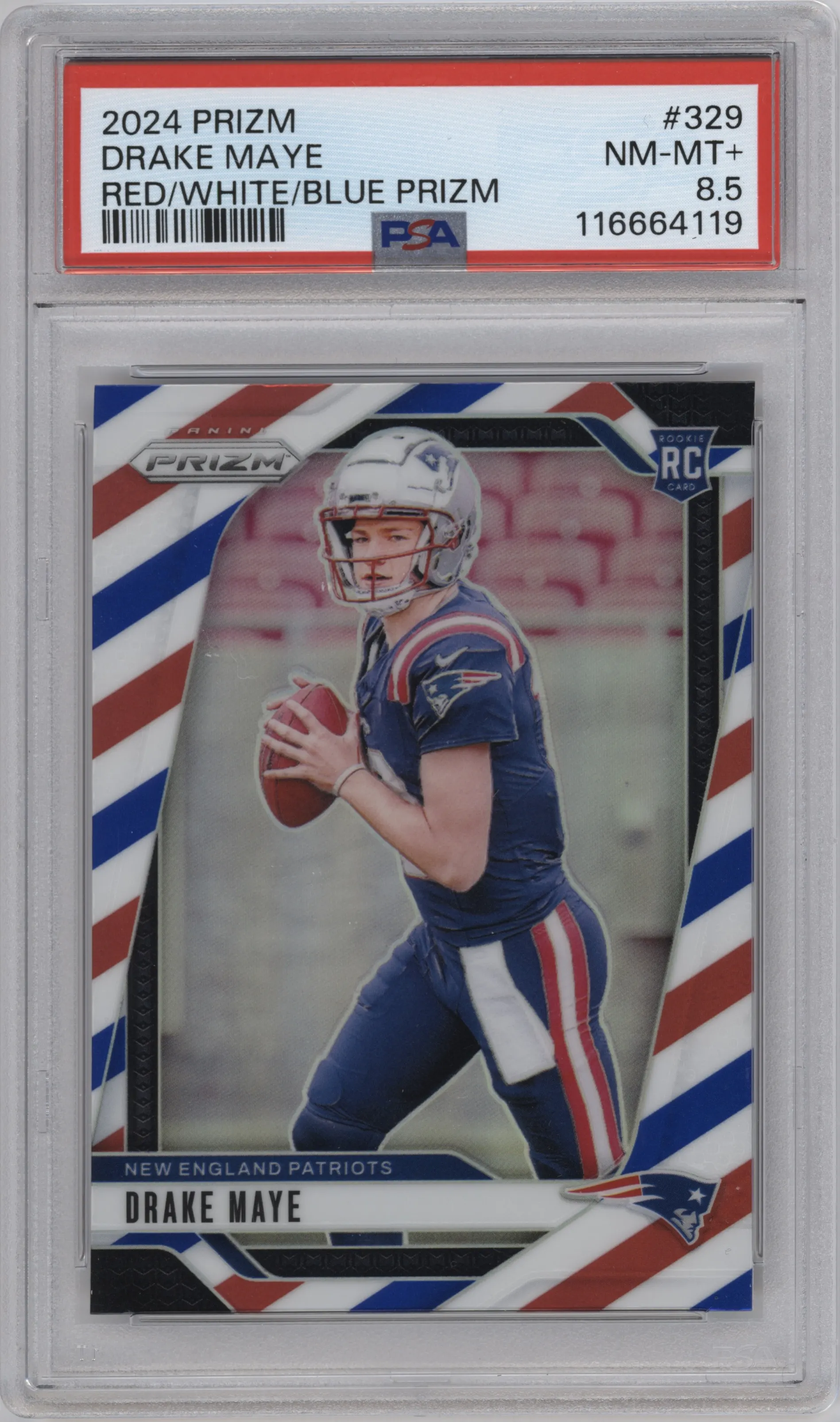 Drake Maye from the 2024 Panini Prizm set featuring a Red White Blue Prizm parallel graded by PSA and given an overall grade of 8.5.