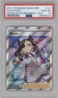 Marnie from the 2021 Pokemon SWSH set featuring a Premium Tournament Collection parallel graded by PSA and given an overall grade of 10.