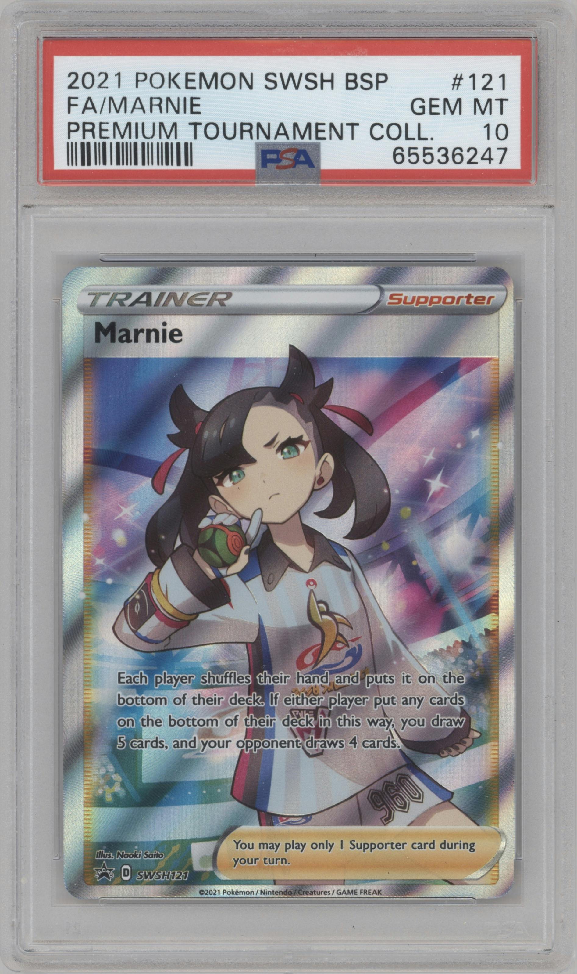 Marnie from the 2021 Pokemon SWSH set featuring a Premium Tournament Collection parallel graded by PSA and given an overall grade of 10.
