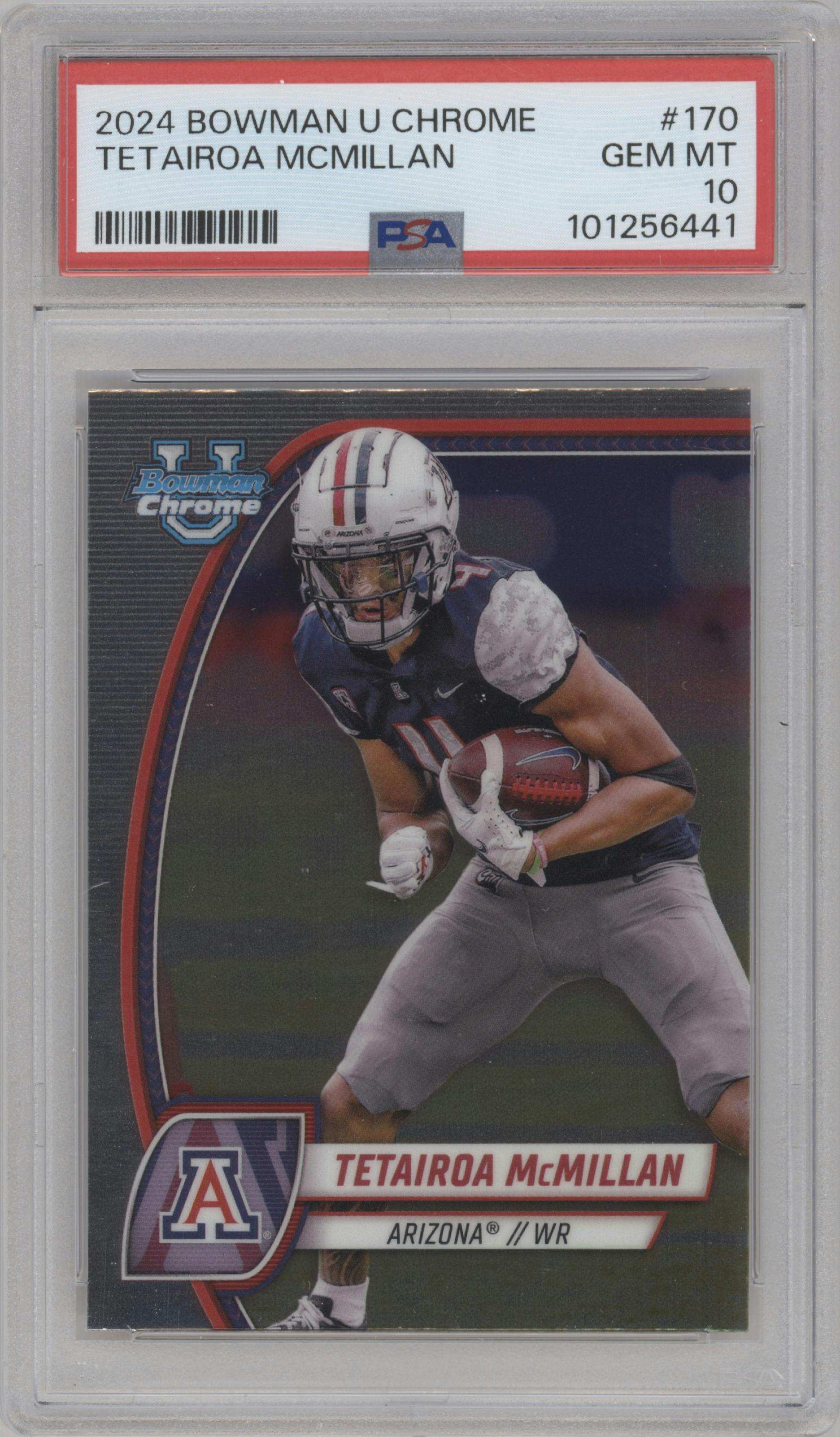 Tetairoa McMillan from the 2024 Bowman University Chrome set graded by PSA and given an overall grade of 10.