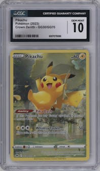 Pikachu from the 2023 Pokemon SWSH set graded by CSG and given an overall grade of 10.