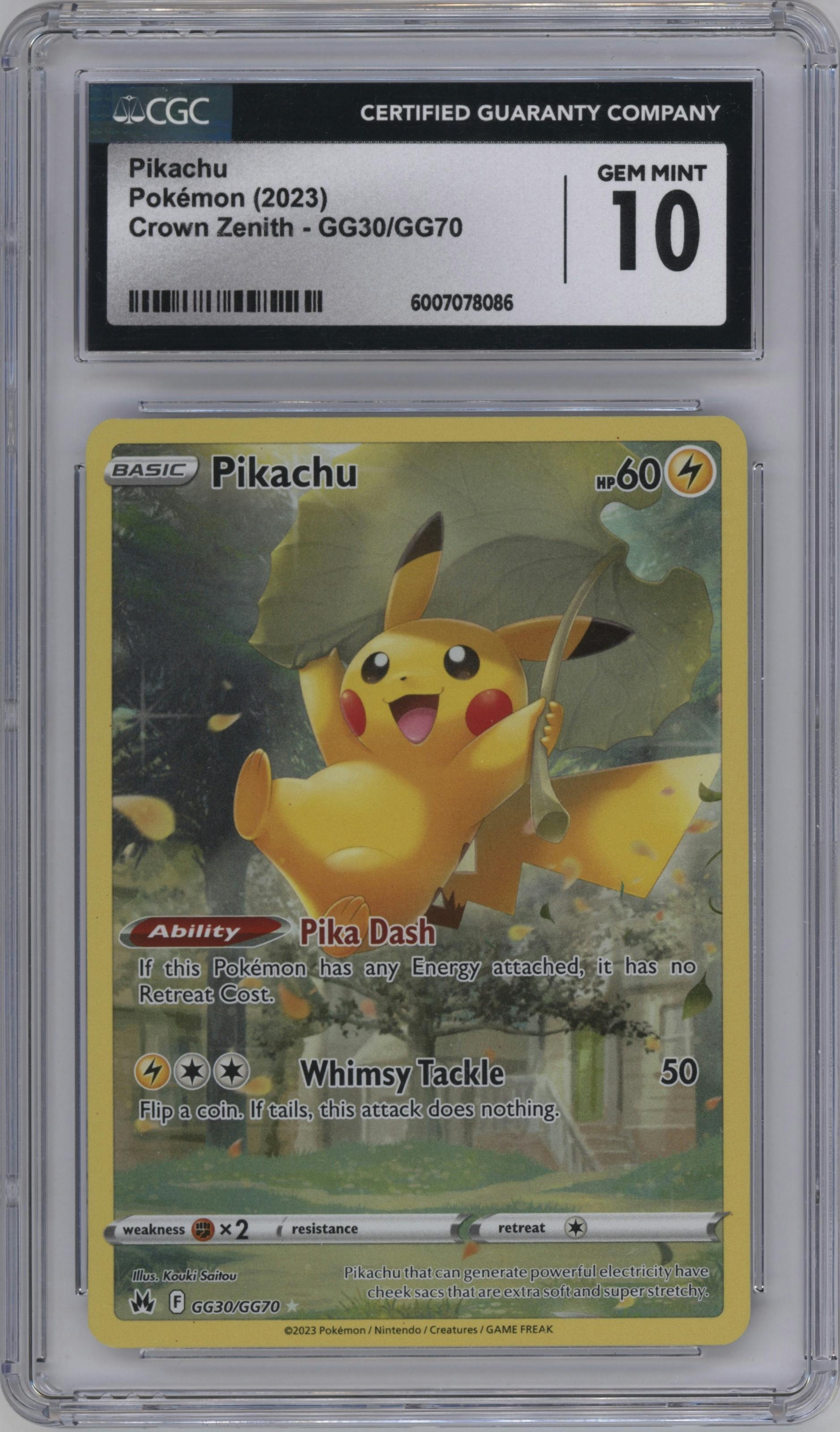 Pikachu from the 2023 Pokemon SWSH set graded by CSG and given an overall grade of 10.