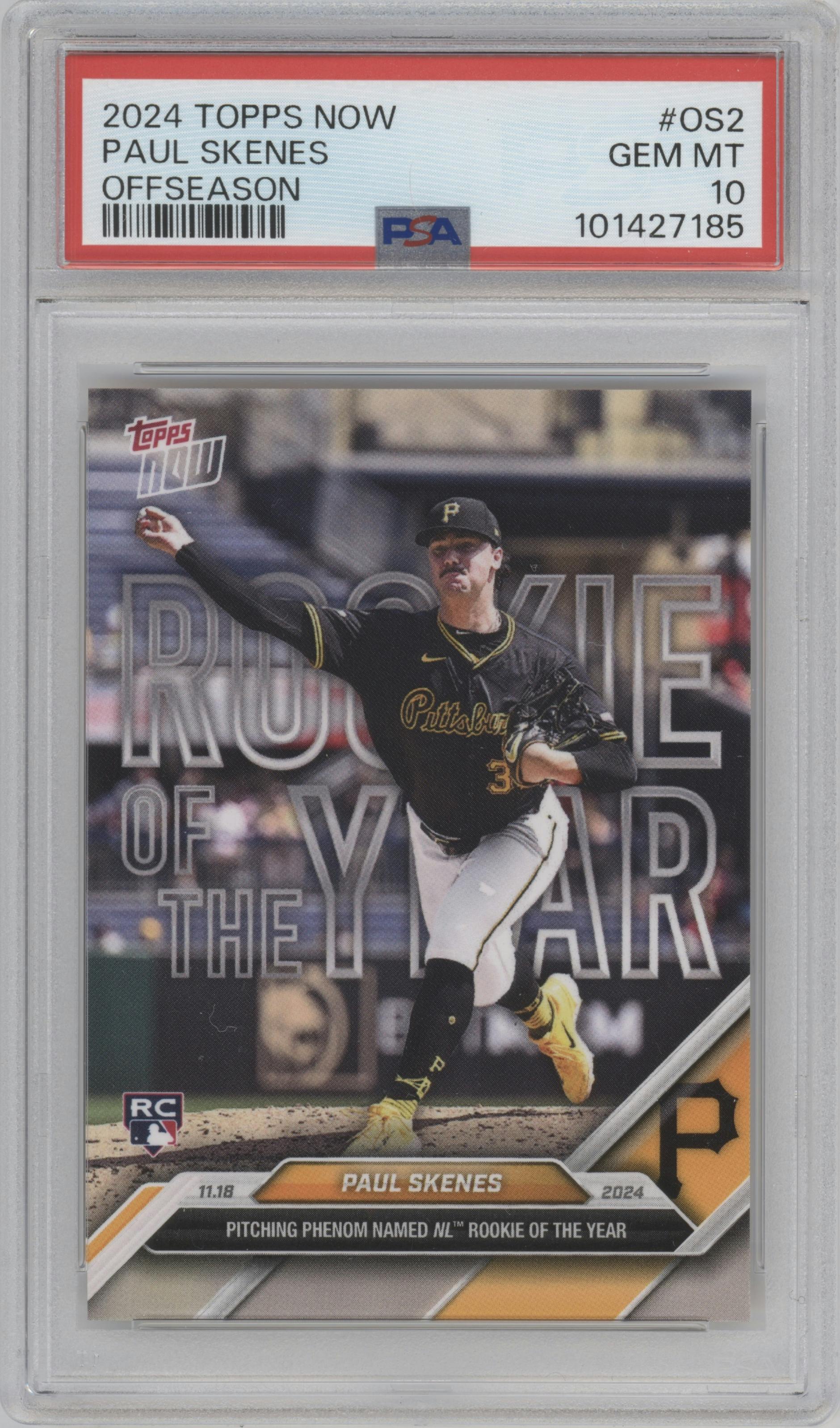 Paul Skenes from the 2024-25 Topps Now Off-Season set graded by PSA and given an overall grade of 10.
