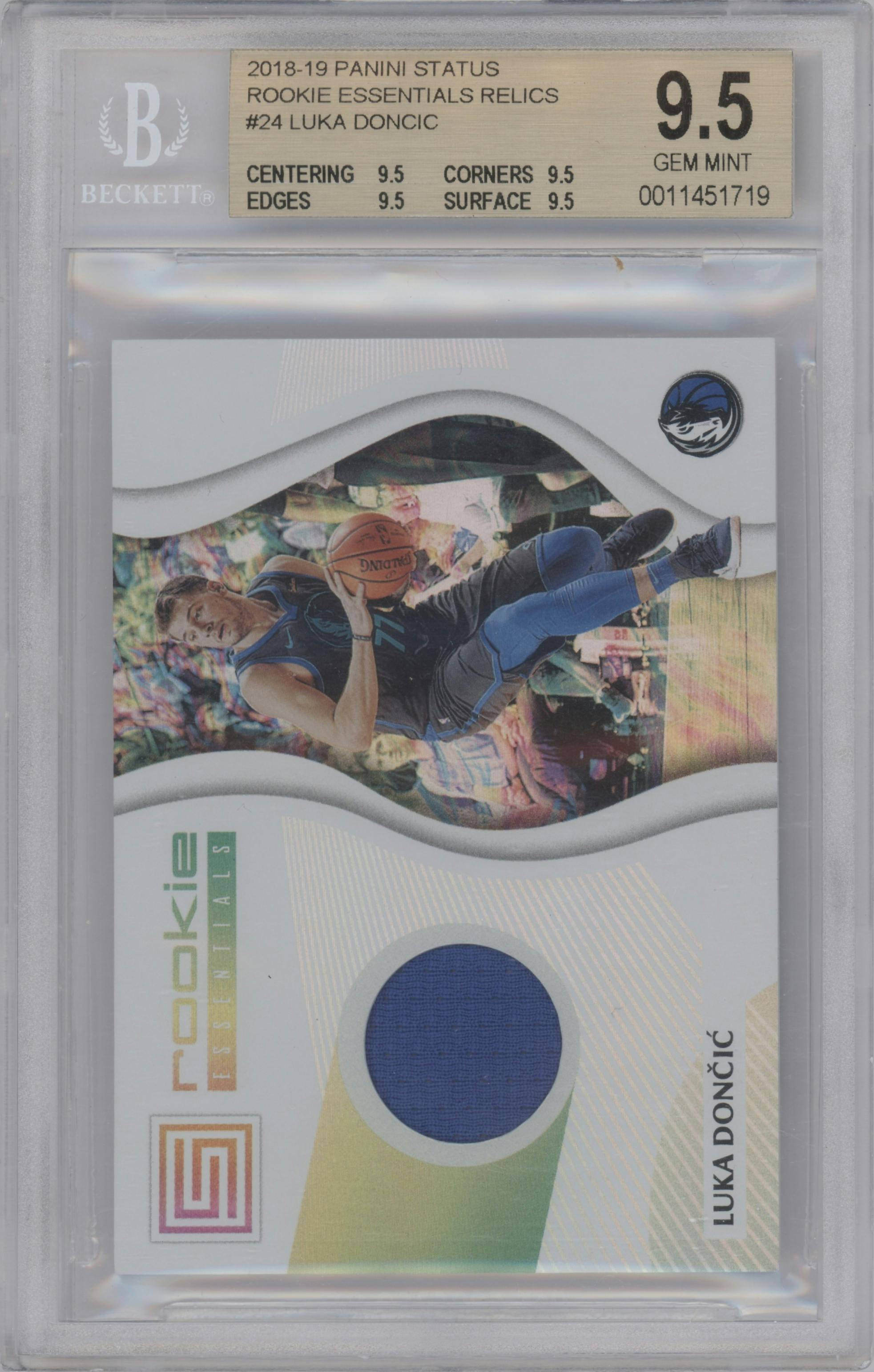 Luka Doncic from the 2018-19 Panini Status set graded by Beckett and given an overall grade of 9.5.