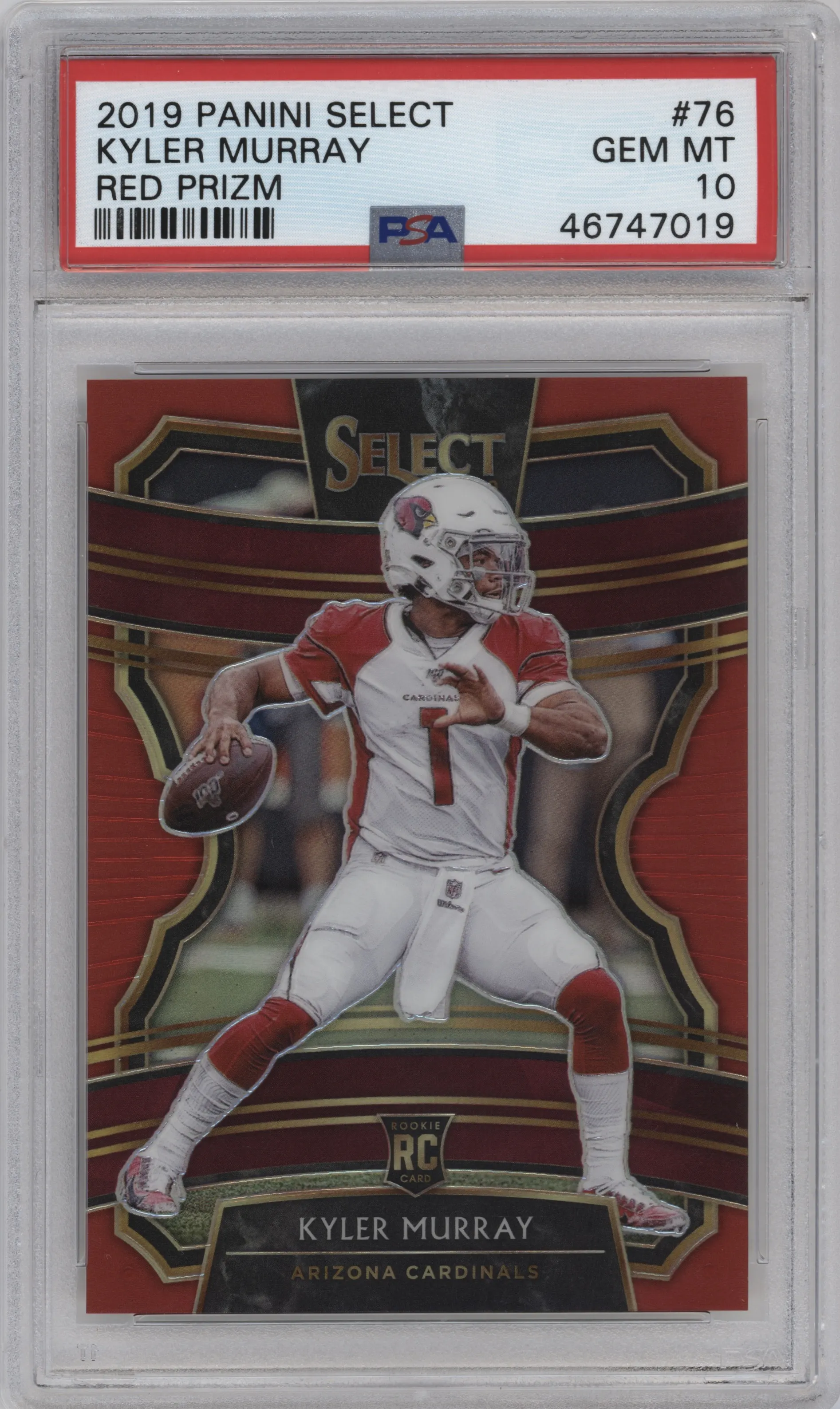 Kyler Murray from the 2019 Panini Select  set featuring a Red Prizm parallel graded by PSA and given an overall grade of 10.