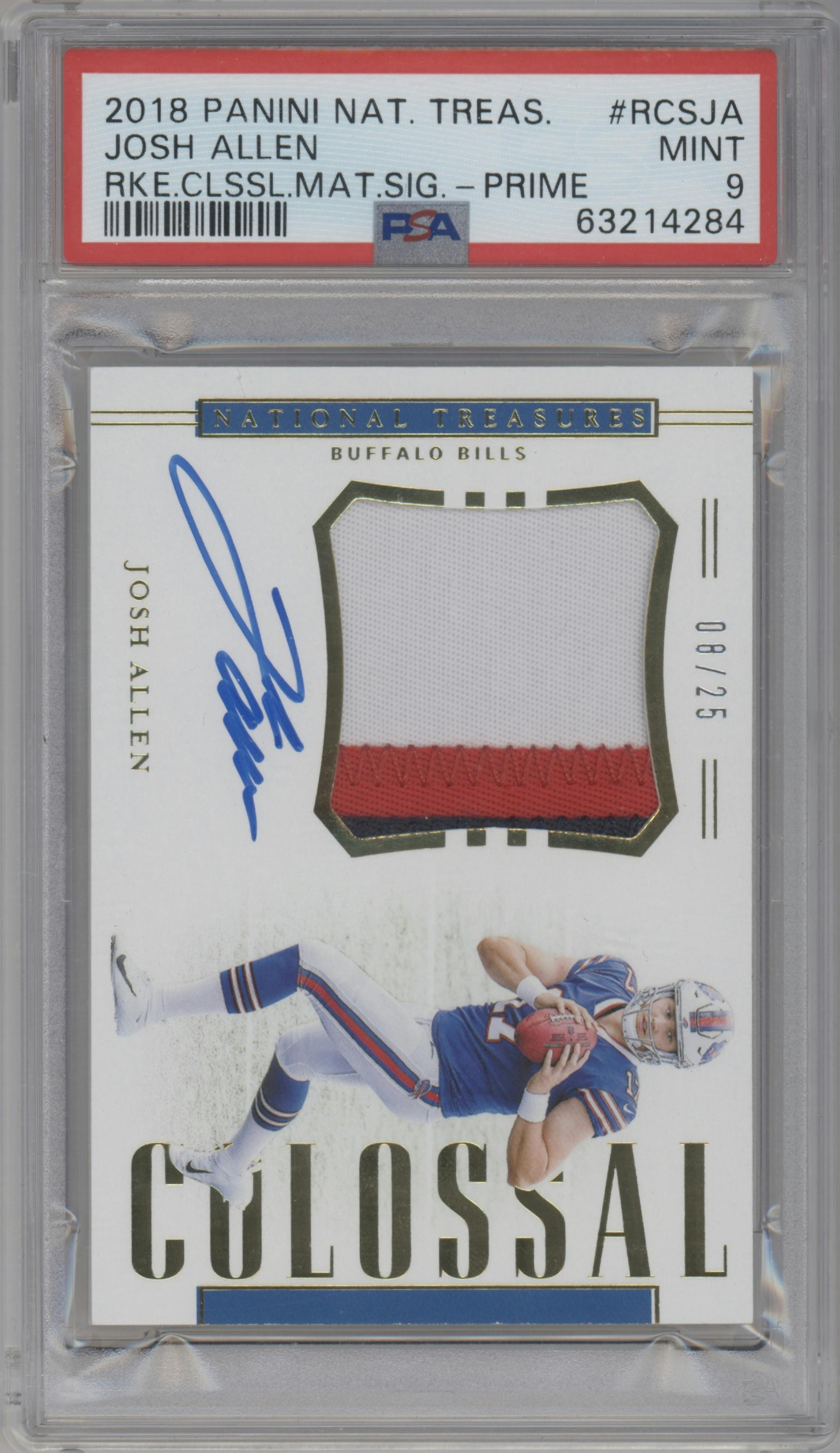 Josh Allen from the 2018 Panini National Treasures set featuring a Prime parallel graded by PSA and given an overall grade of 9.