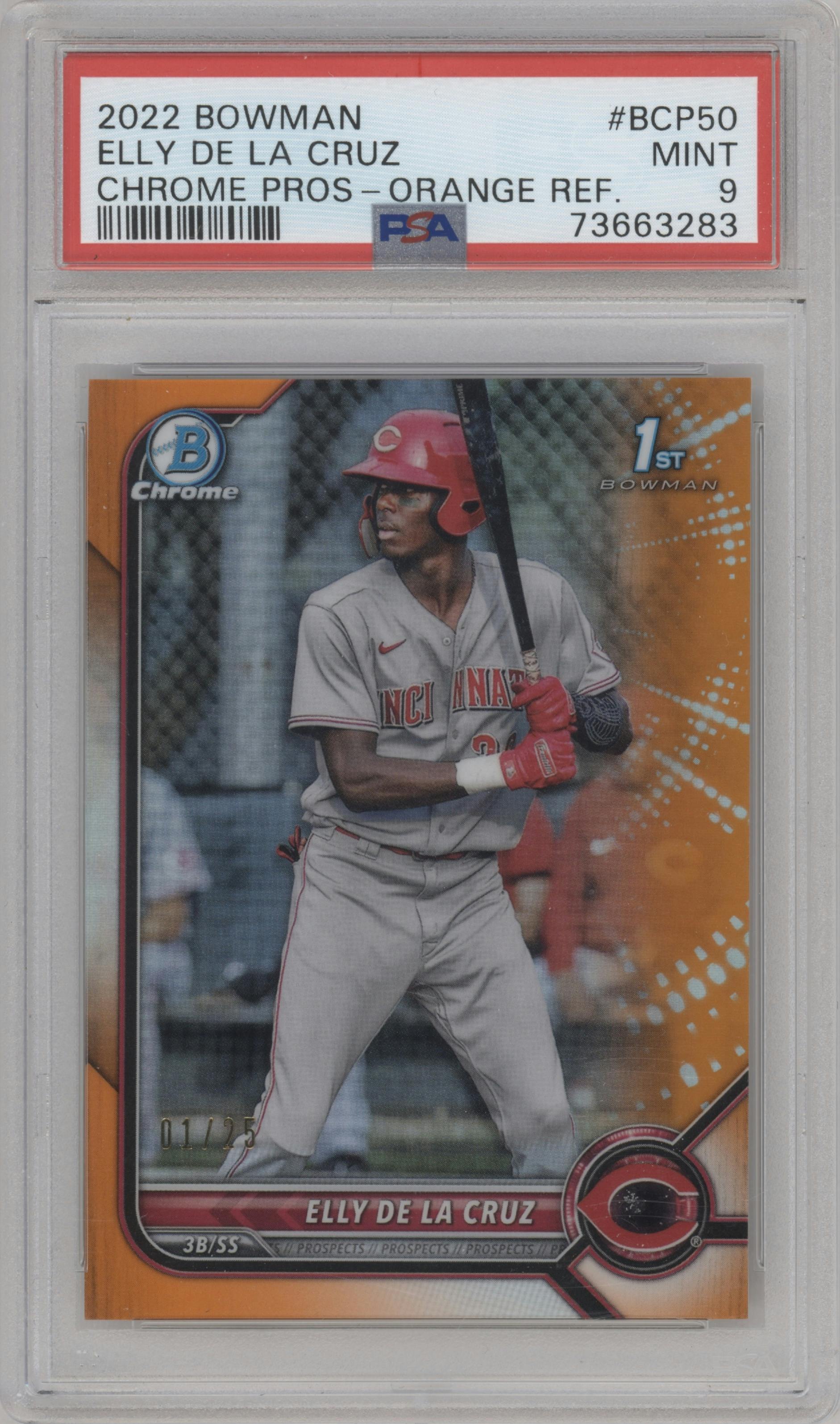Elly De La Cruz from the 2022 Bowman set featuring a Orange Refractor parallel graded by PSA and given an overall grade of 9.