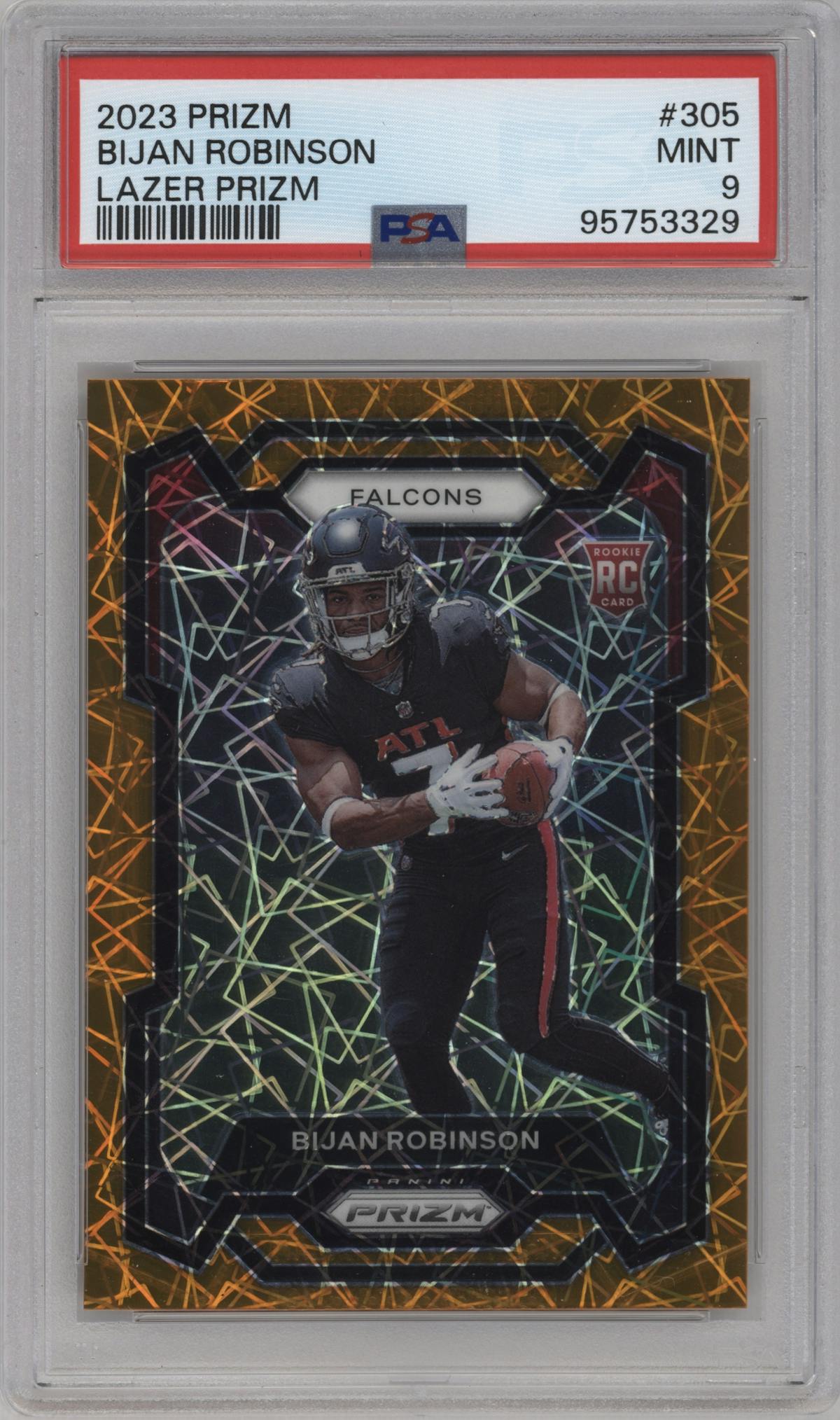 Bijan Robinson from the 2023 Panini Prizm set featuring a Lazer parallel graded by PSA and given an overall grade of 9.