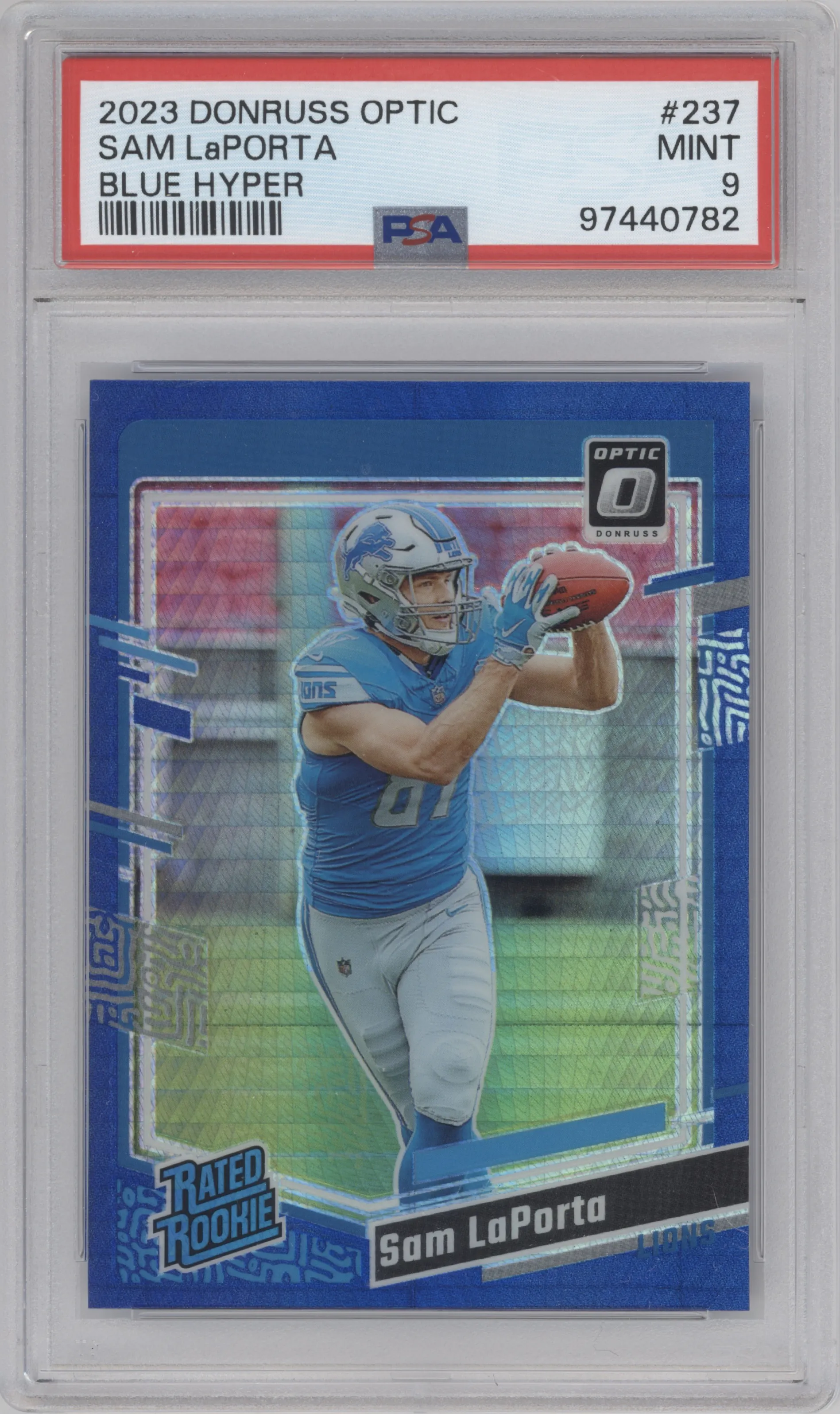Sam LaPorta from the 2023 Donruss Optic set featuring a Hyper Blue parallel graded by PSA and given an overall grade of 9.