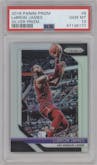LeBron James from the 2018-19 Panini Prizm set featuring a Silver Prizm parallel graded by PSA and given an overall grade of 10.