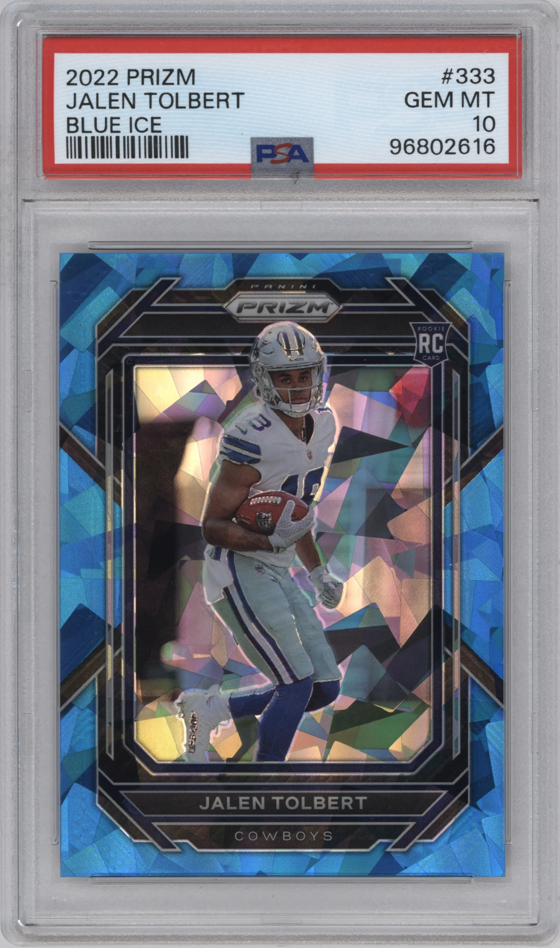 Jalen Tolbert from the 2022 Panini Prizm set featuring a Blue Ice parallel graded by PSA and given an overall grade of 10.