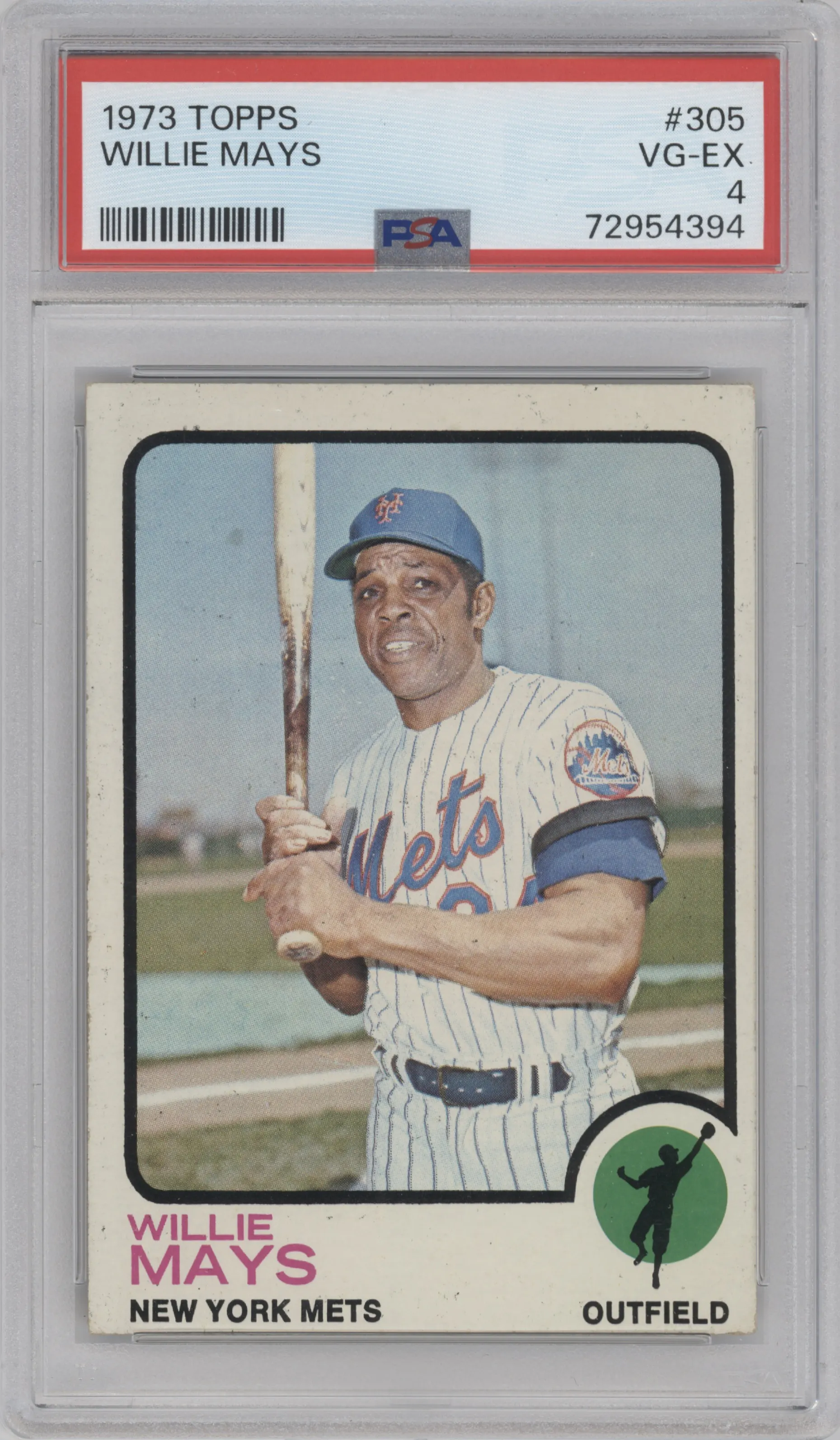 Willie Mays from the 1973 Topps set graded by PSA and given an overall grade of 4.