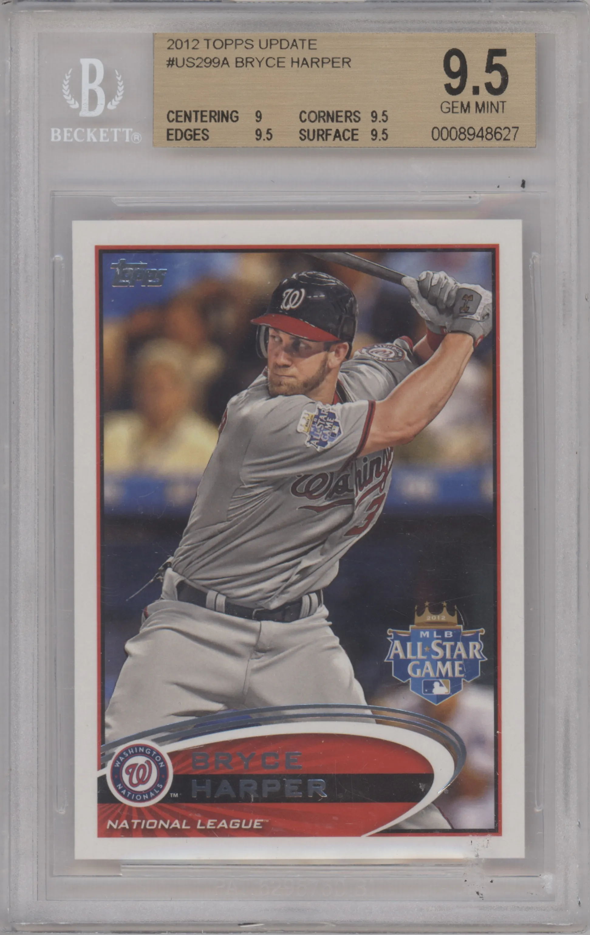 Bryce Harper from the 2012 Topps Update Series set graded by Beckett and given an overall grade of 9.5.