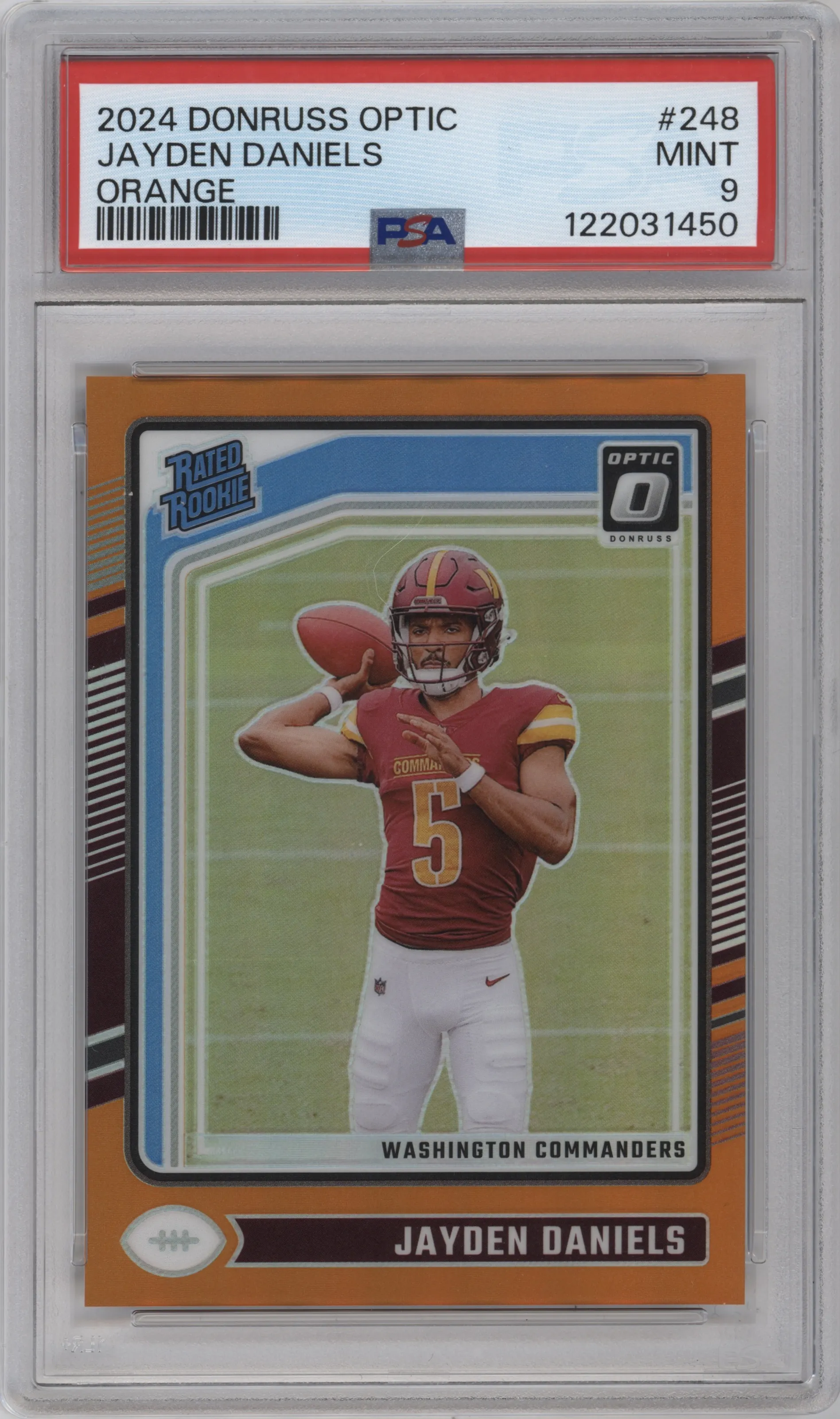 Jayden Daniels from the 2024 Donruss Optic set featuring a Orange parallel graded by PSA and given an overall grade of 9.