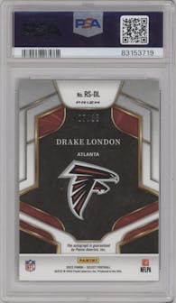 Drake London from the 2022 Panini Select set featuring a White Prizm parallel graded by PSA and given an overall grade of 10.