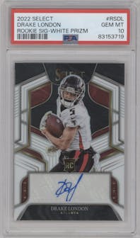 Drake London from the 2022 Panini Select set featuring a White Prizm parallel graded by PSA and given an overall grade of 10.