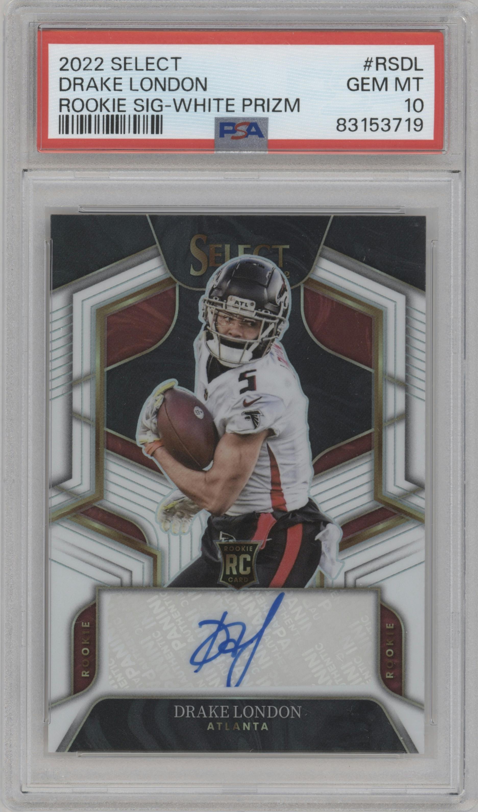 Drake London from the 2022 Panini Select set featuring a White Prizm parallel graded by PSA and given an overall grade of 10.