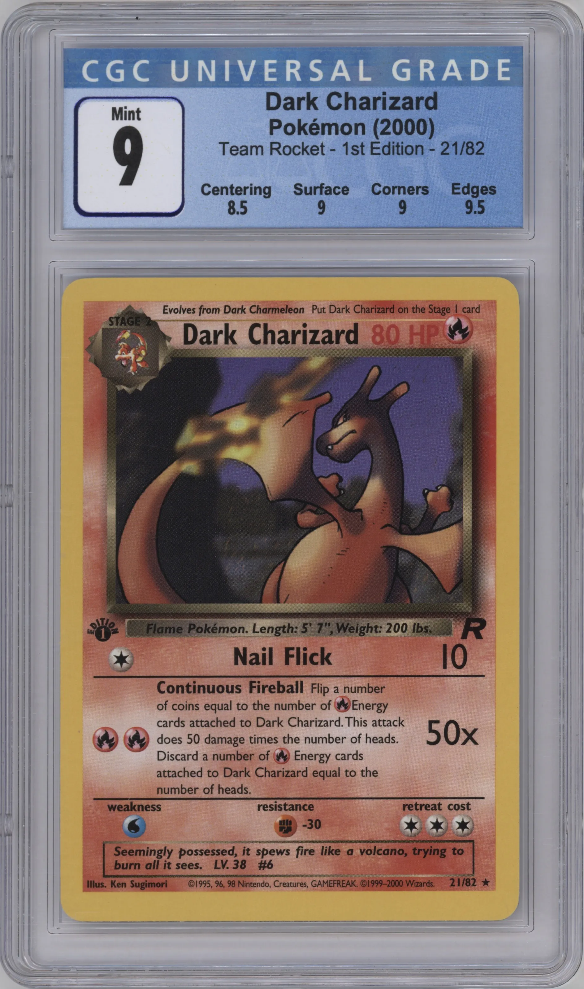 Dark Charizard from the 2000 Pokemon set graded by CSG and given an overall grade of 9.