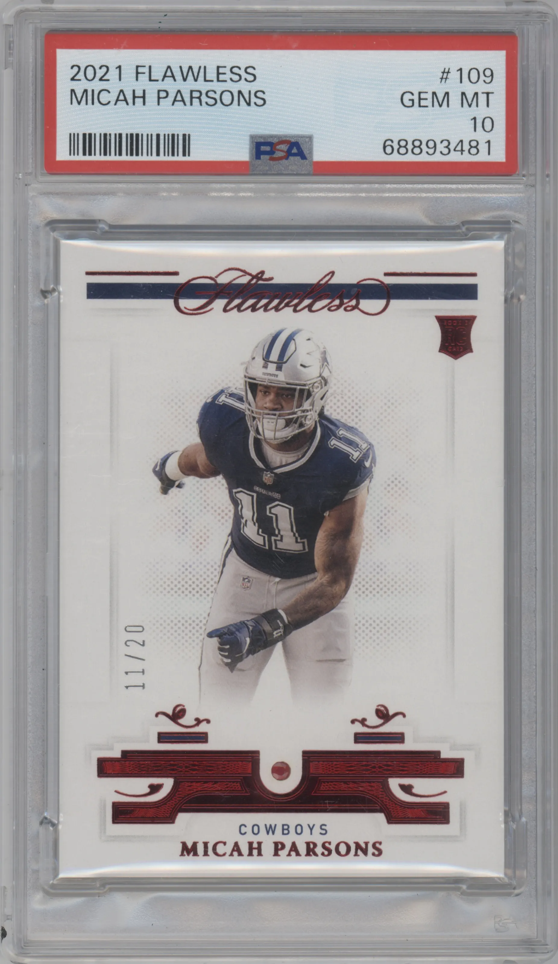 Micah Parsons from the 2021 Panini Flawless set graded by PSA and given an overall grade of 10.