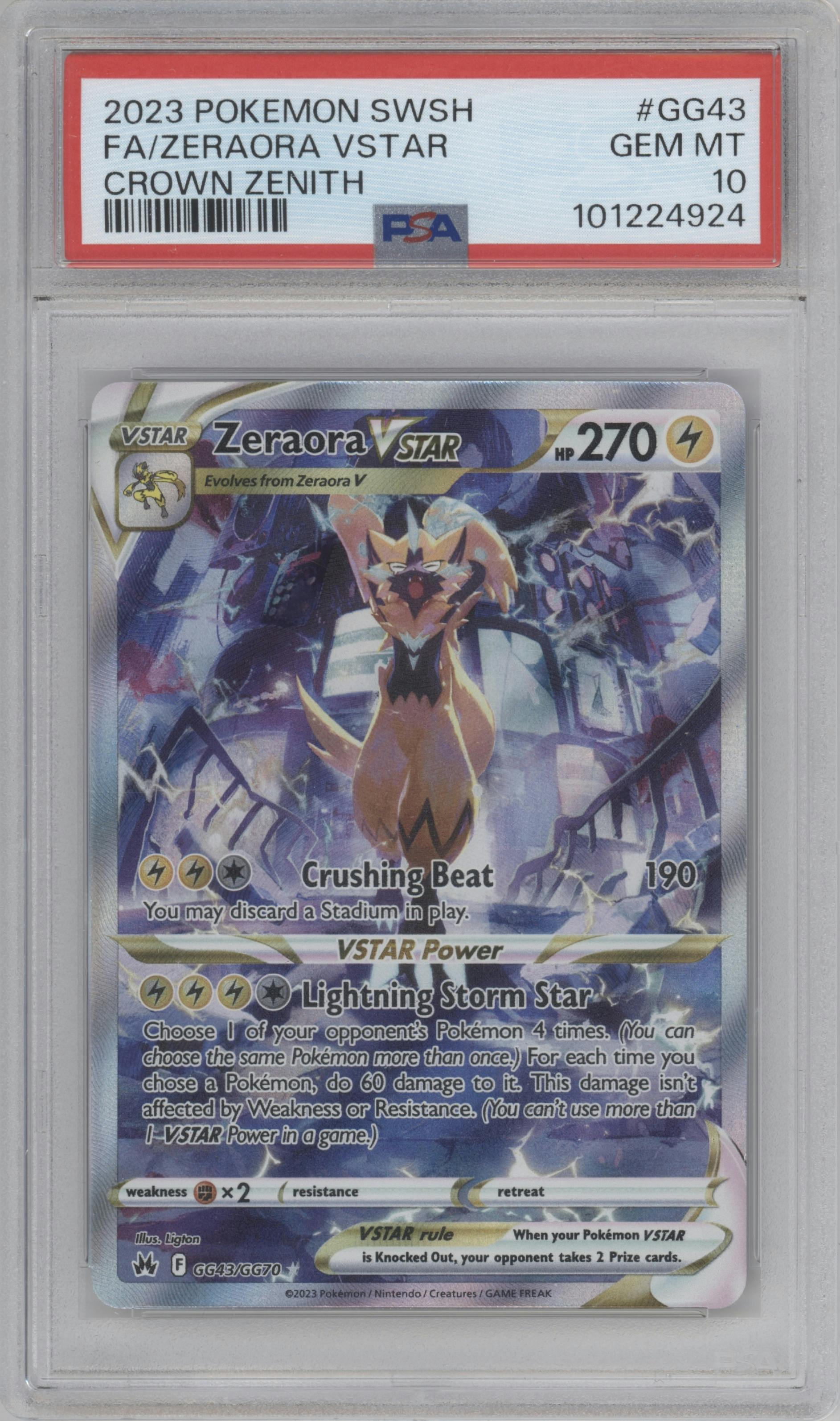 Zeraora VSTAR from the 2023 Pokemon SWSH set graded by PSA and given an overall grade of 10.