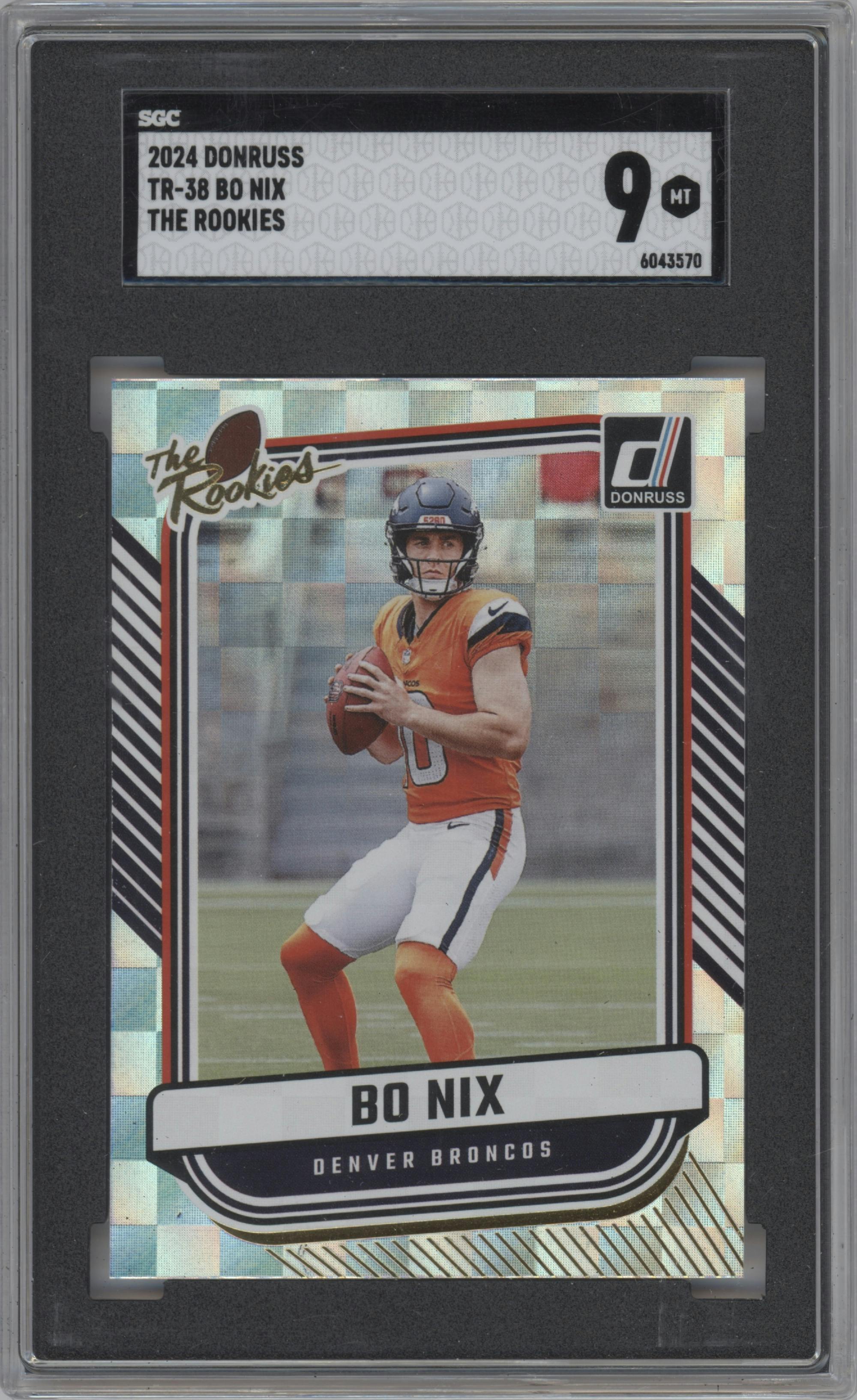 Bo Nix from the 2024 Donruss set graded by SGC and given an overall grade of 9.