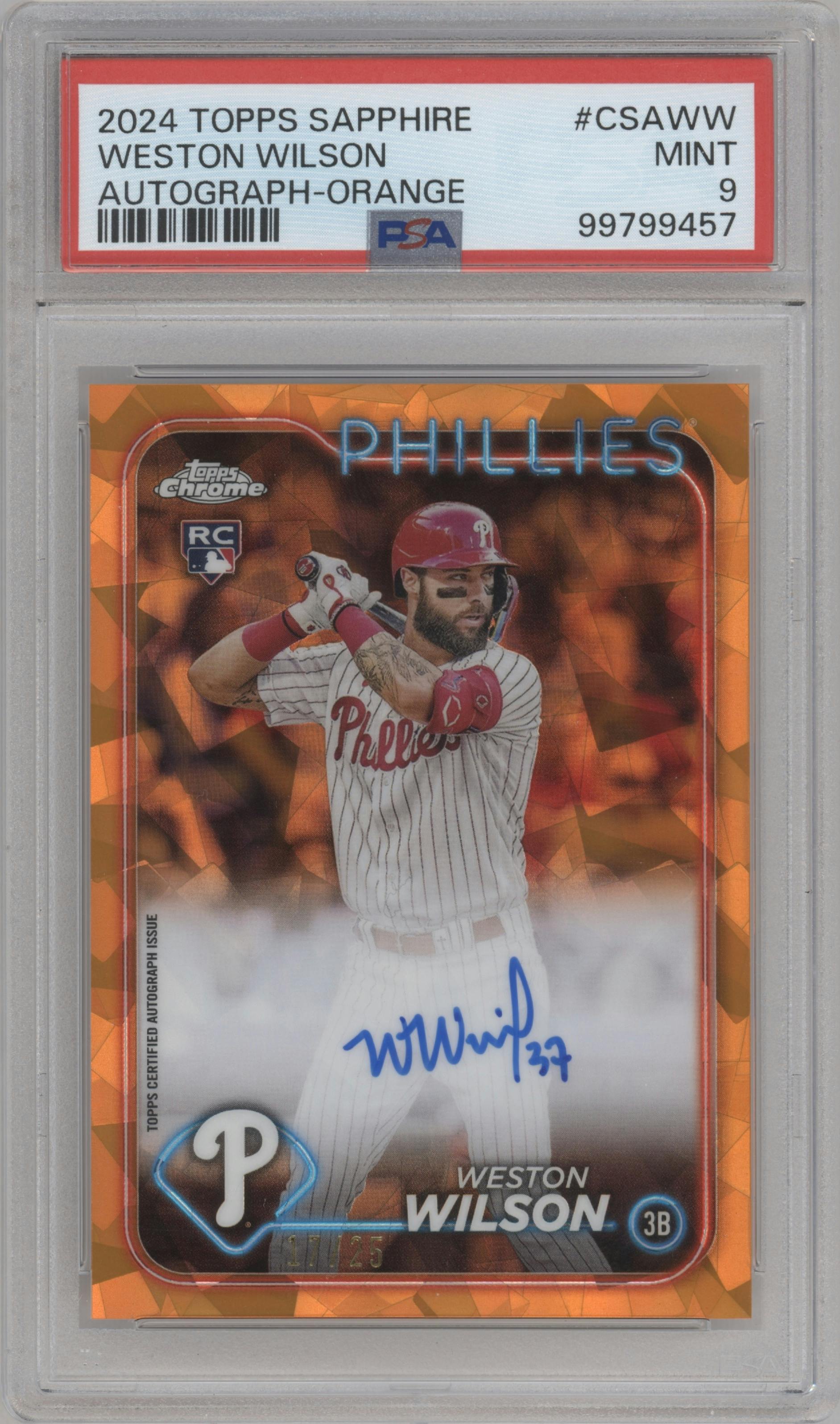 Weston Wilson from the 2024 Topps Chrome Sapphire set featuring a Orange parallel graded by PSA and given an overall grade of 9.