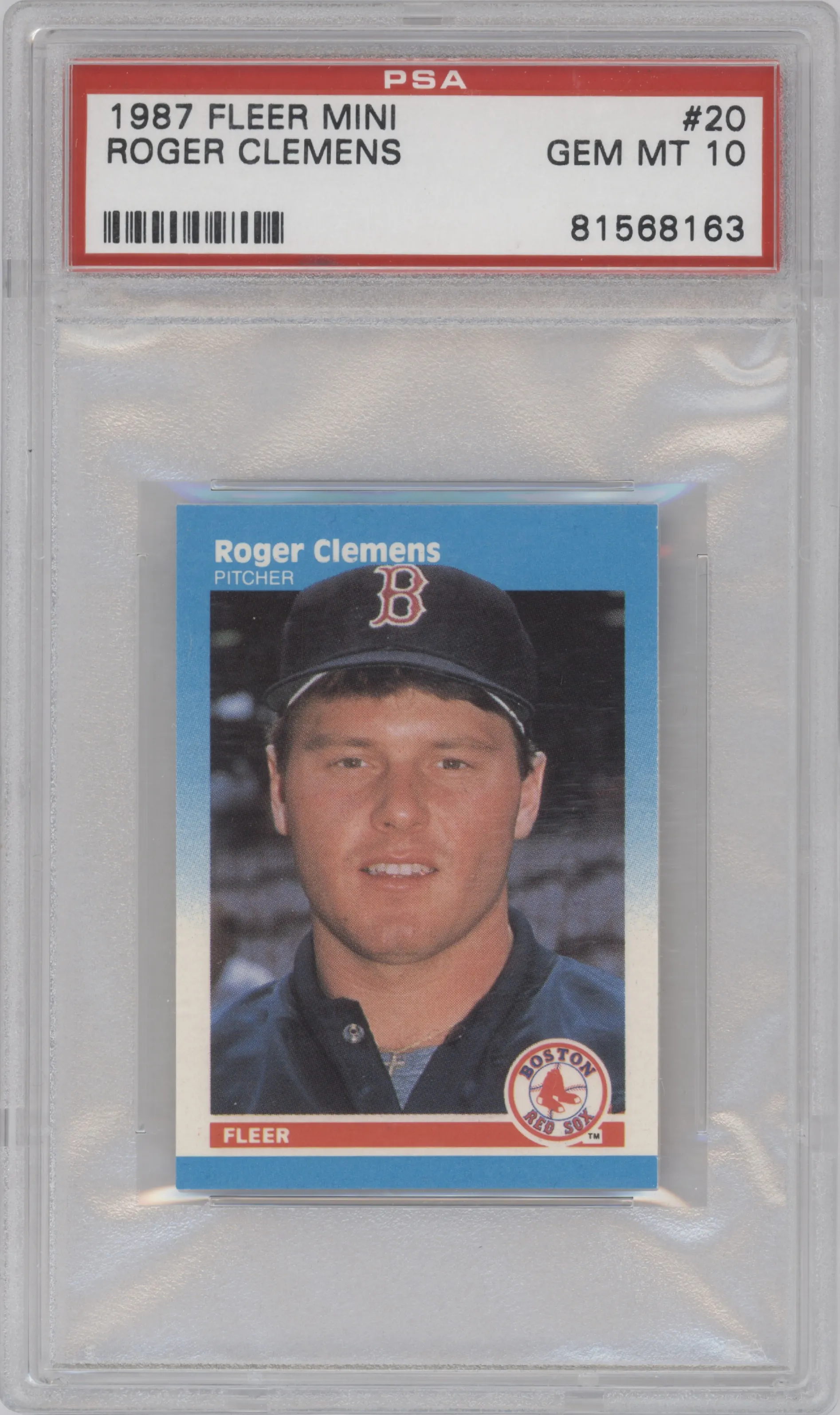 Roger Clemens from the 1987 Fleer Classic Miniatures set graded by PSA and given an overall grade of 10.