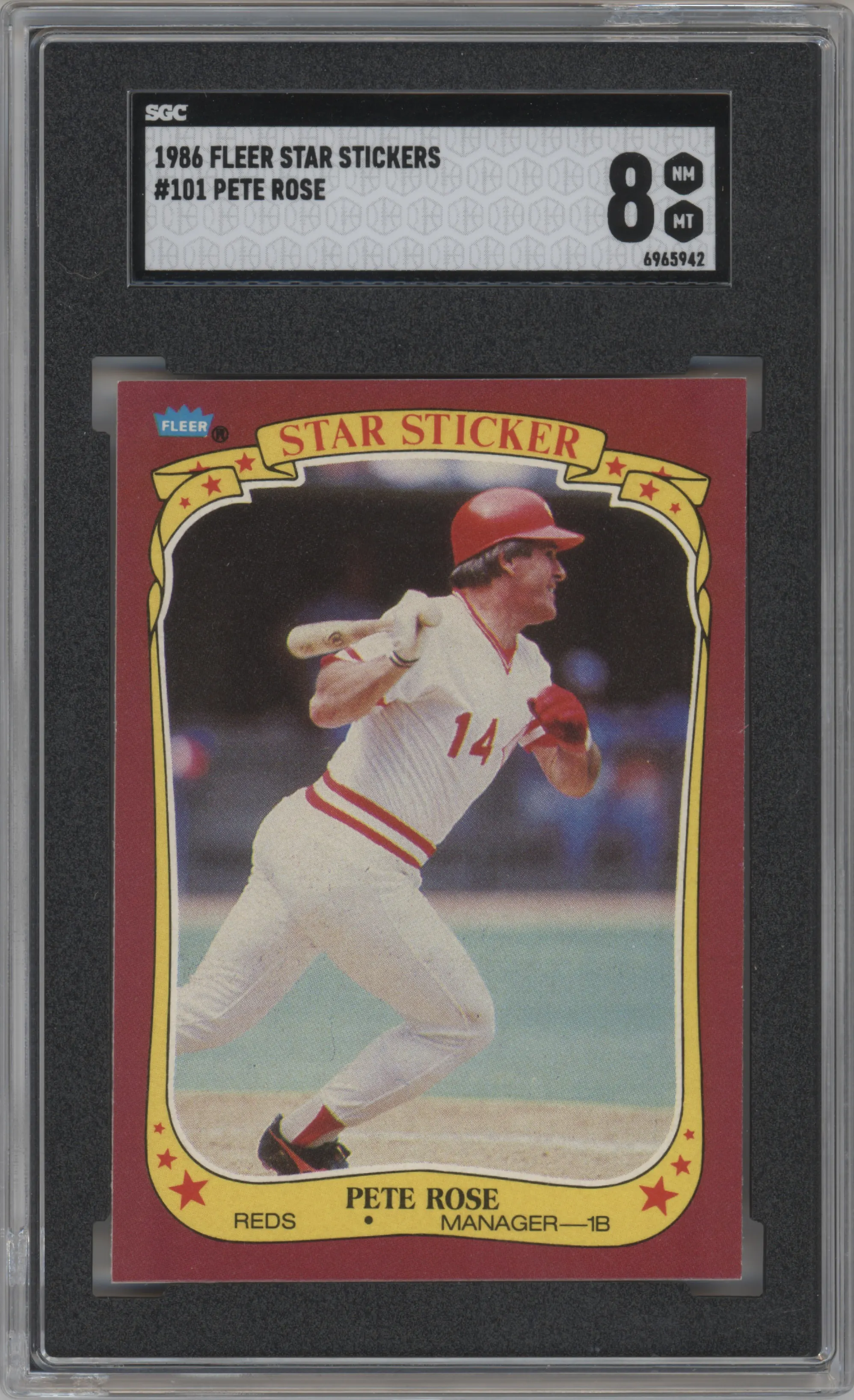 Pete Rose from the 1986 Fleer Star Stickers set graded by SGC and given an overall grade of 8.