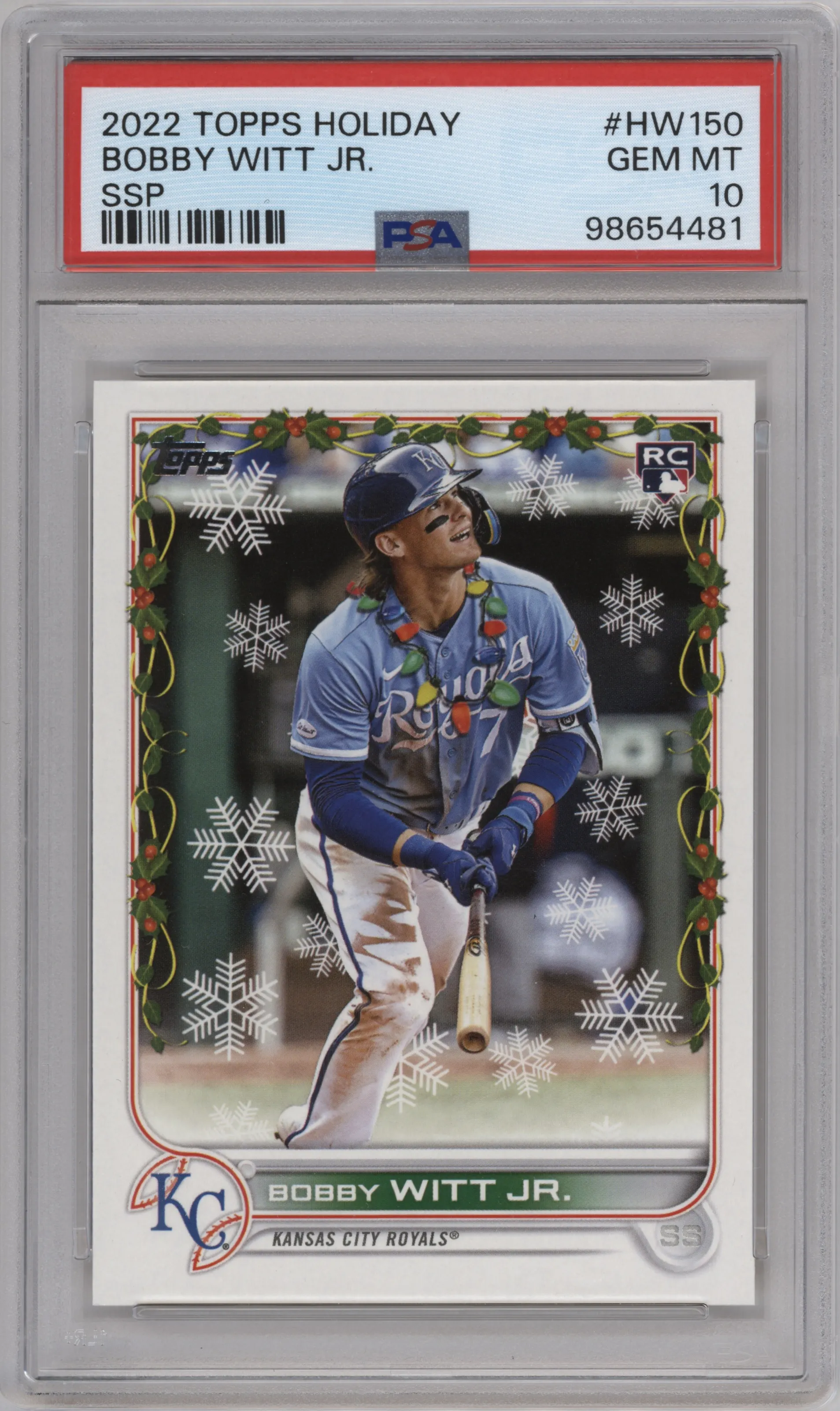 Bobby Witt Jr. from the 2022 Topps Holiday set graded by PSA and given an overall grade of 10.