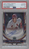 Nolan Gorman from the 2023 Topps Tribute set featuring a Purple parallel graded by PSA and given an overall grade of 10.